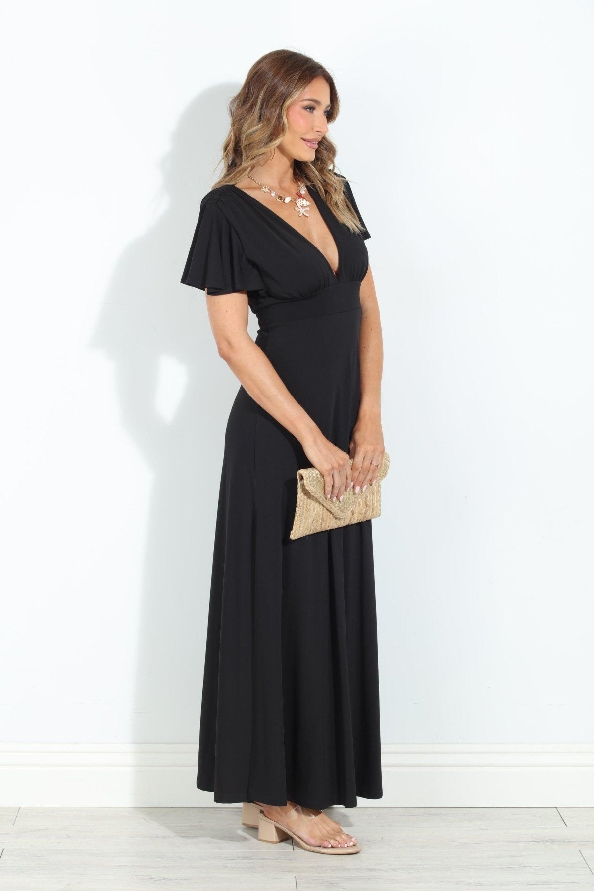 Black Stretch Deep V Flutter Sleeve Maxi Dress - BEST SELLER