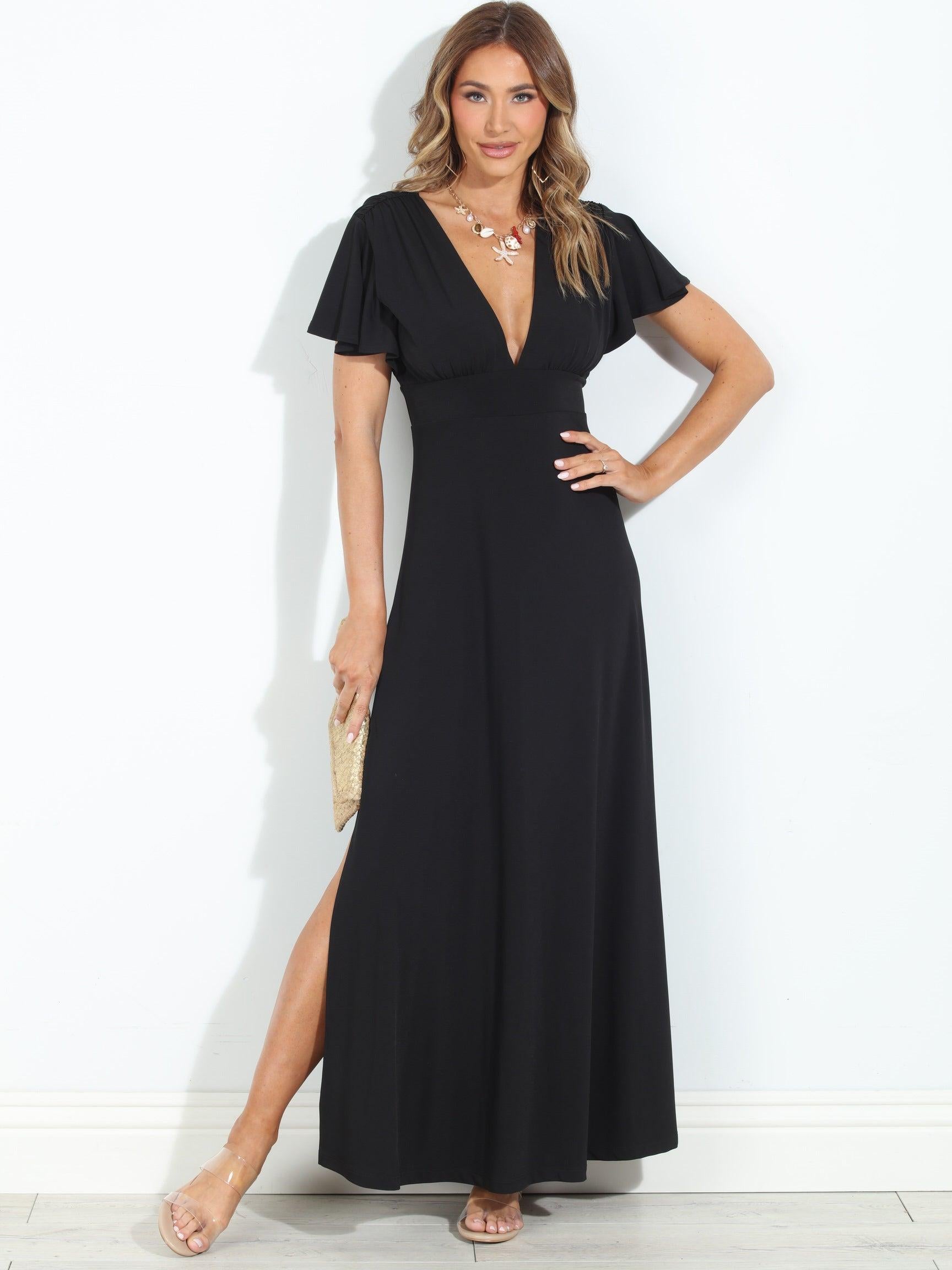 Black Stretch Deep V Flutter Sleeve Maxi Dress - BEST SELLER