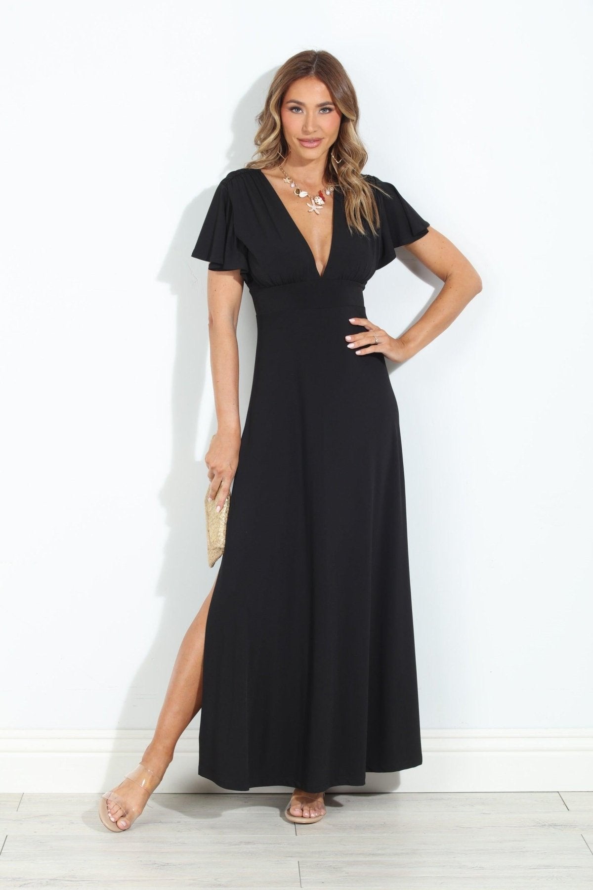 Black Stretch Deep V Flutter Sleeve Maxi Dress - BEST SELLER - XS Black Stretch Deep V Flutter Sleeve Maxi Dress - BEST SELLER - XS