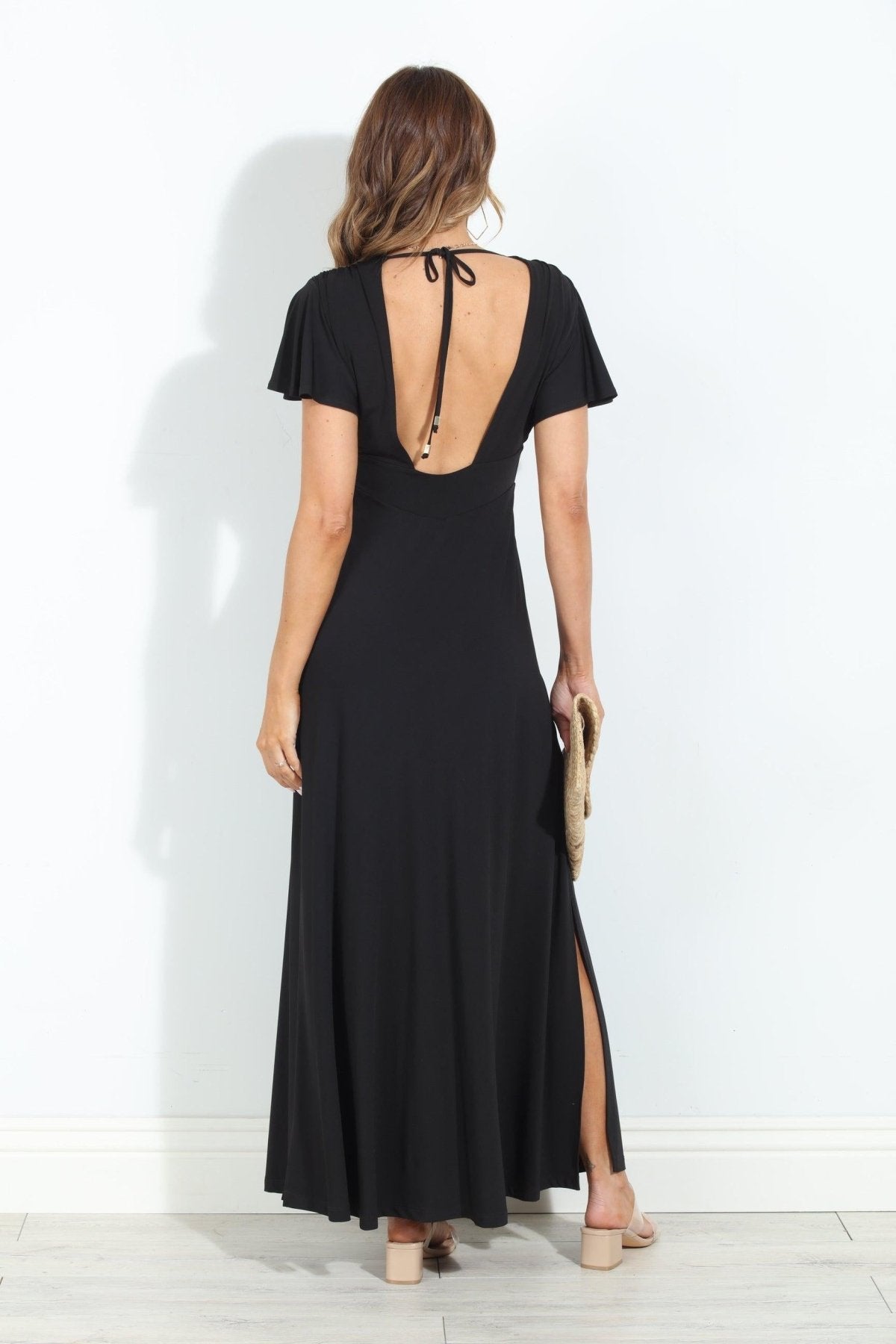 Black Stretch Deep V Flutter Sleeve Maxi Dress - BEST SELLER