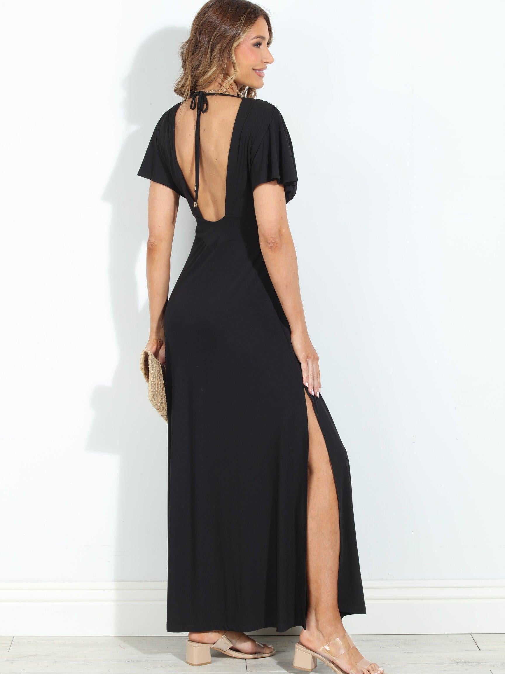 Black Stretch Deep V Flutter Sleeve Maxi Dress - BEST SELLER