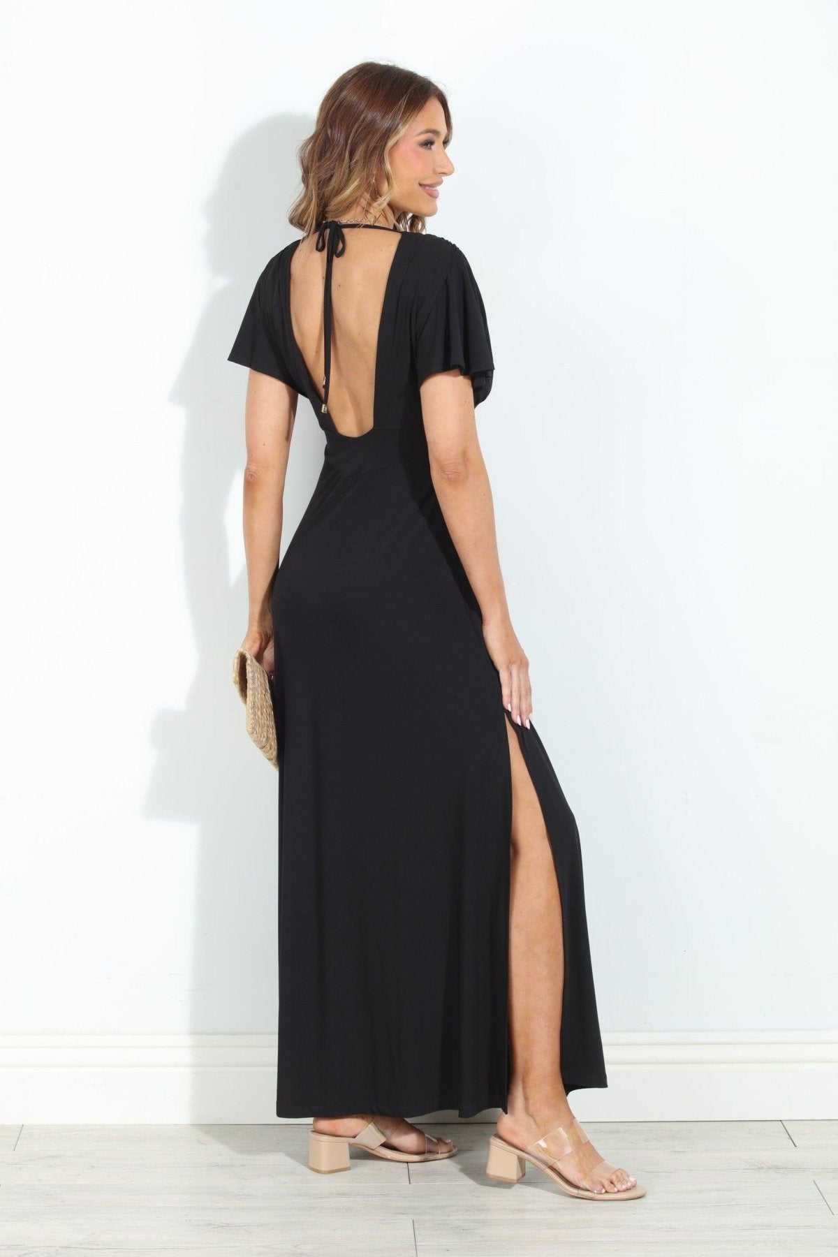 Black Stretch Deep V Flutter Sleeve Maxi Dress - BEST SELLER