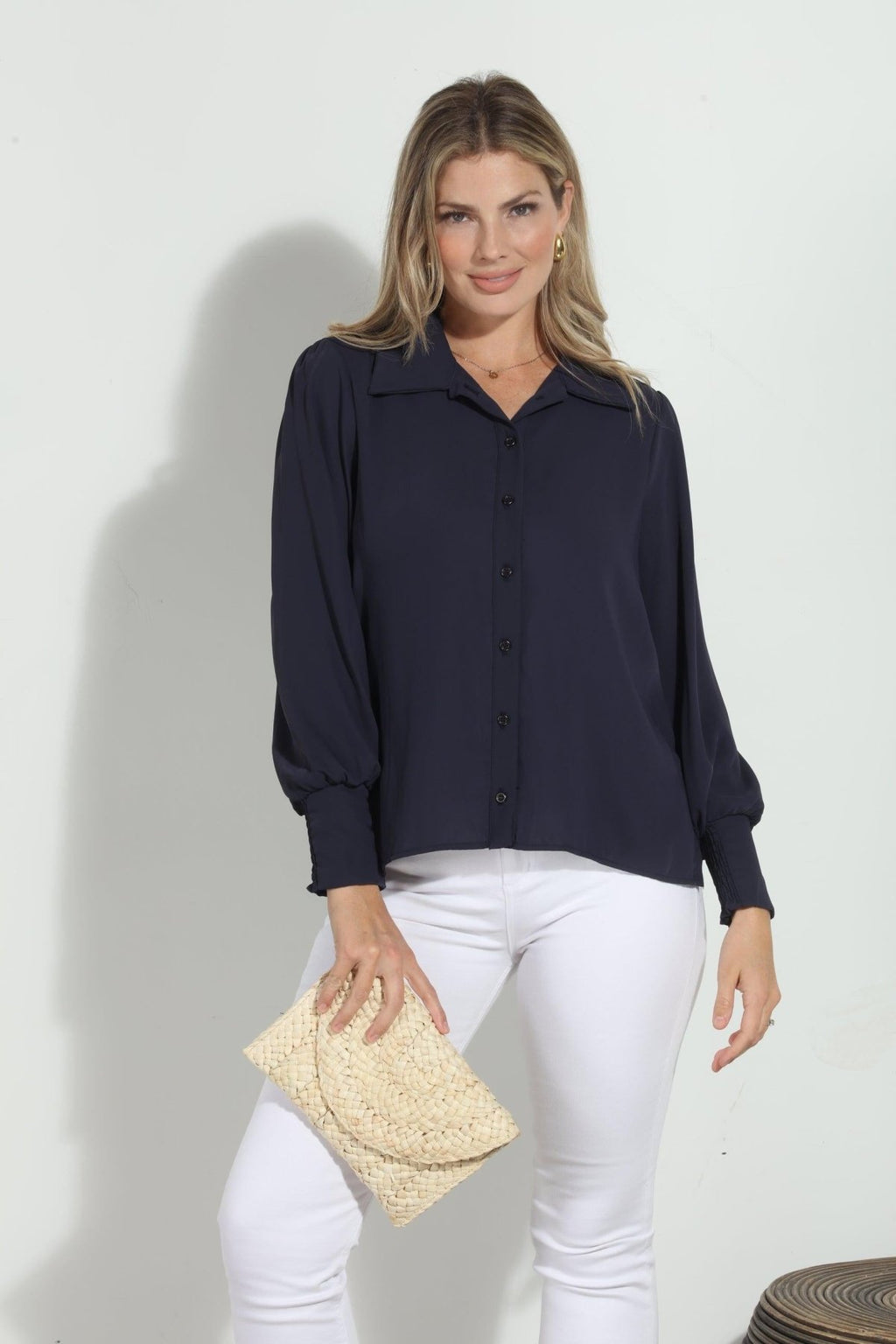 Navy Politan Button Blouse-BEST SELLER