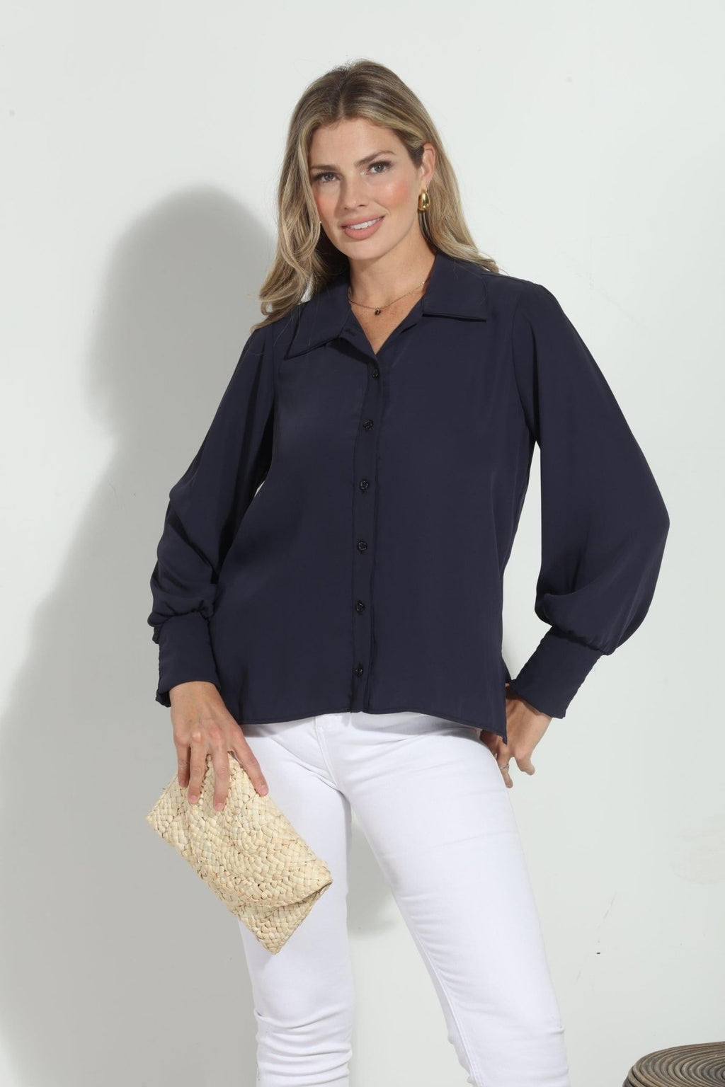 Navy Politan Button Blouse-BEST SELLER