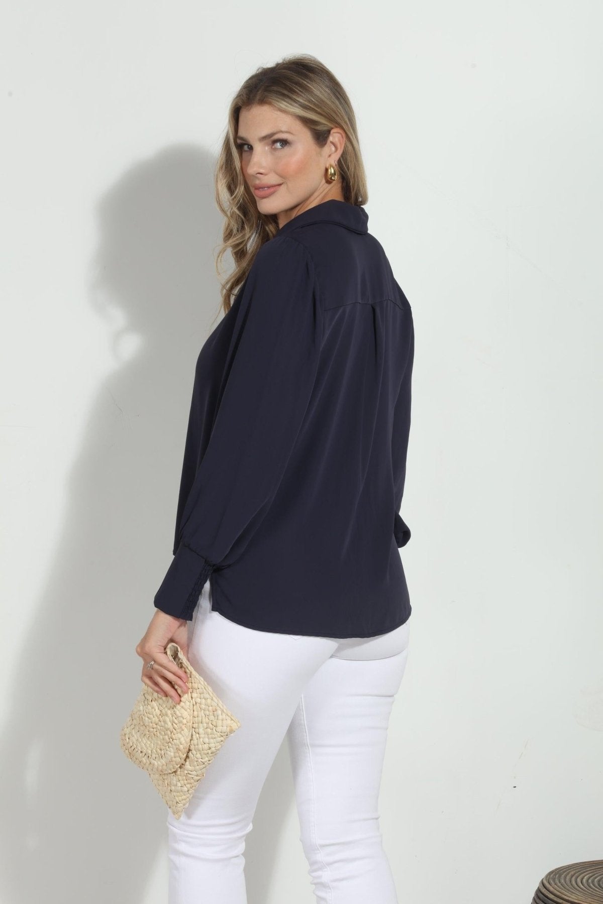 Navy Politan Button Blouse-BEST SELLER