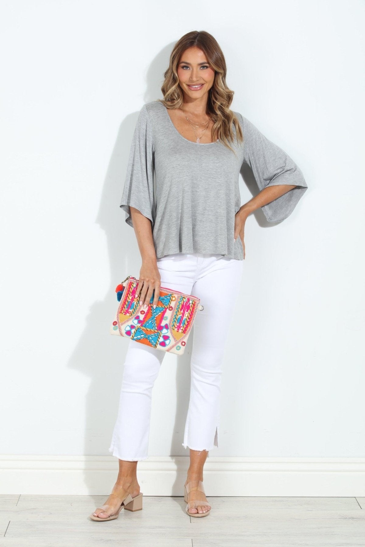 Heather Grey Jersey Bell Sleeve Top