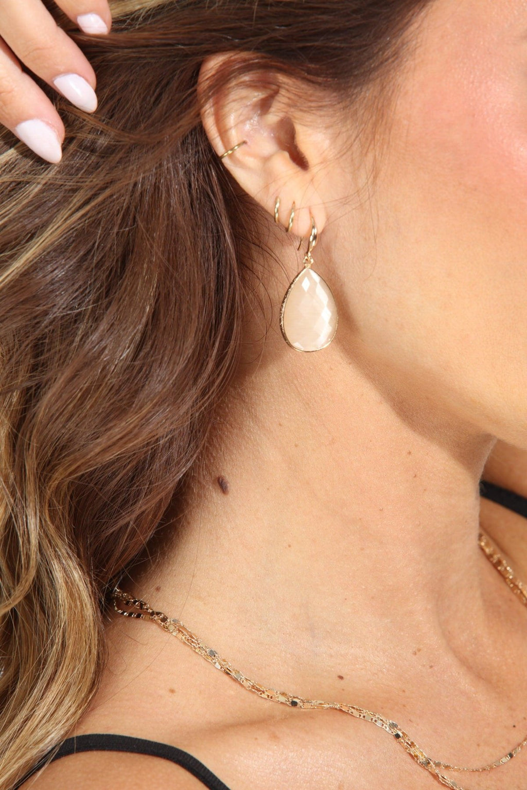 Beige and Gold Teardrop Earrings