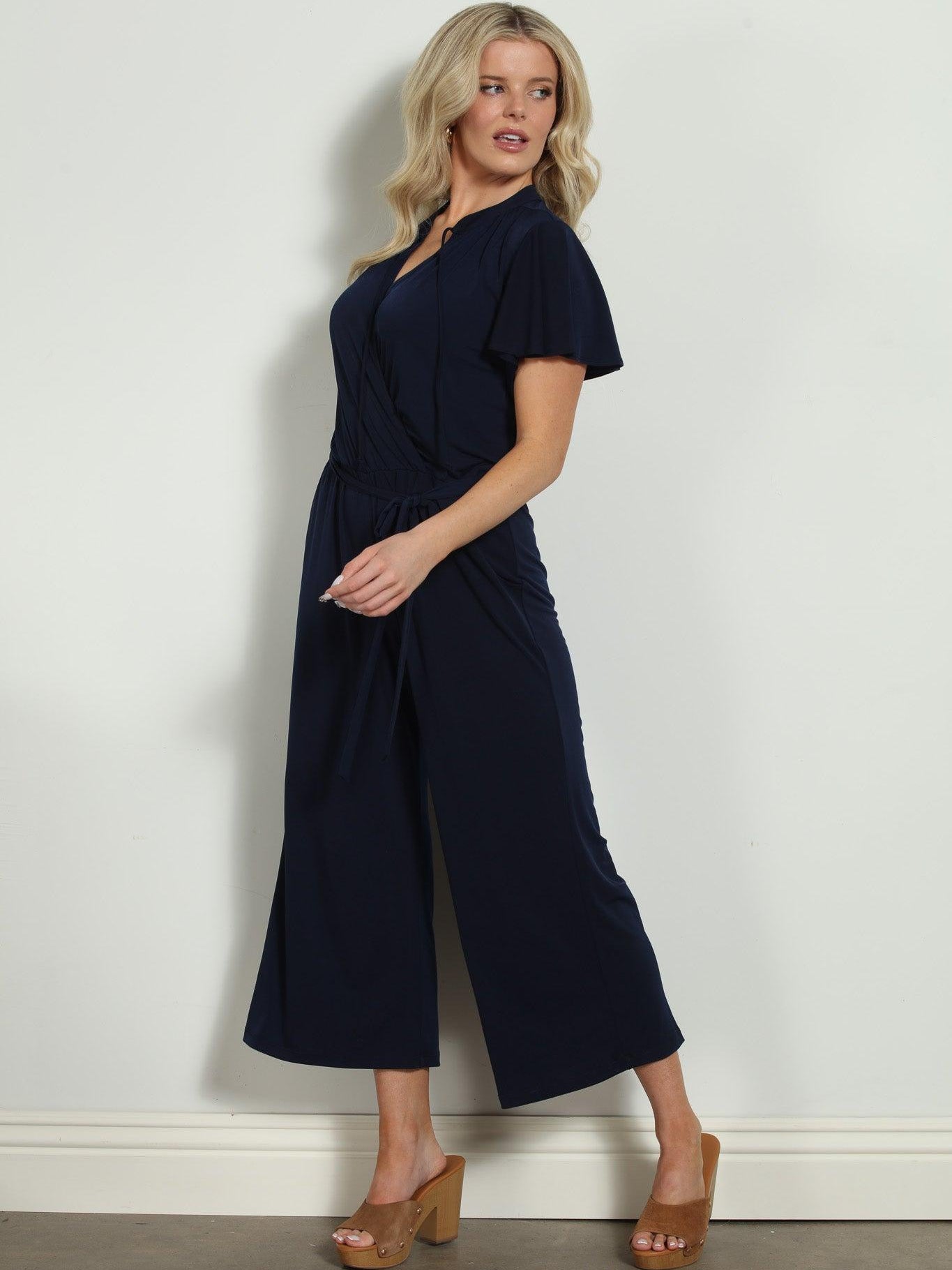 Navy Stretch Culotte Short Sleeve Jumpsuit