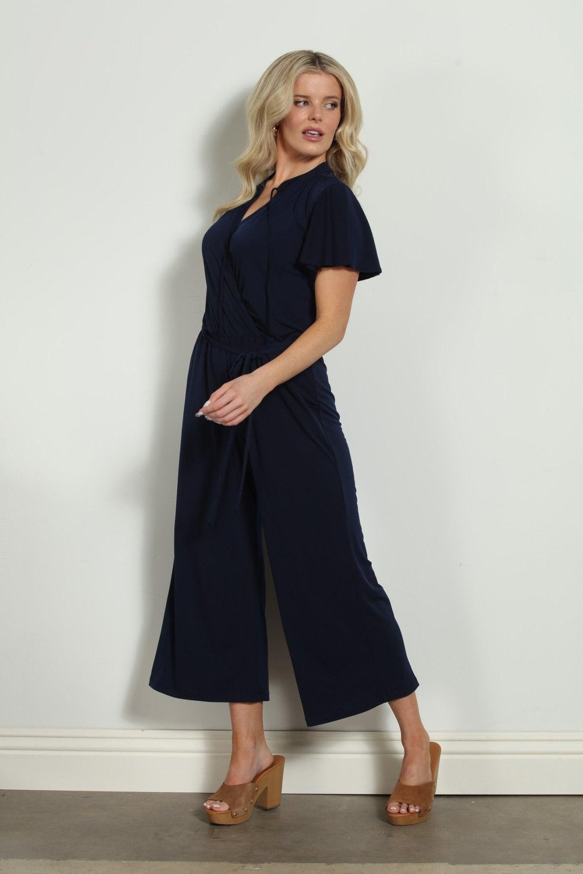 Navy Stretch Culotte Short Sleeve Jumpsuit