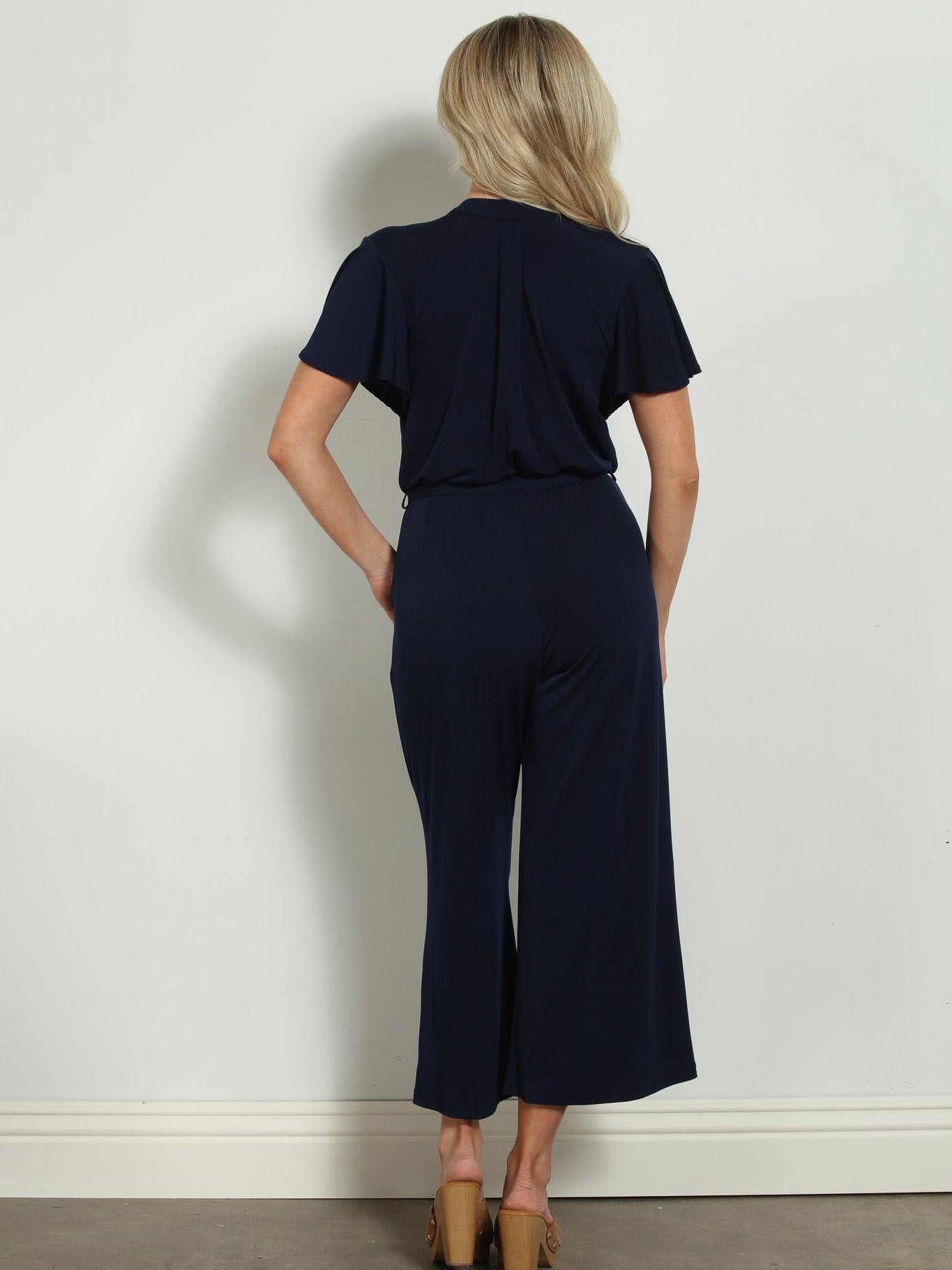Navy Stretch Culotte Short Sleeve Jumpsuit
