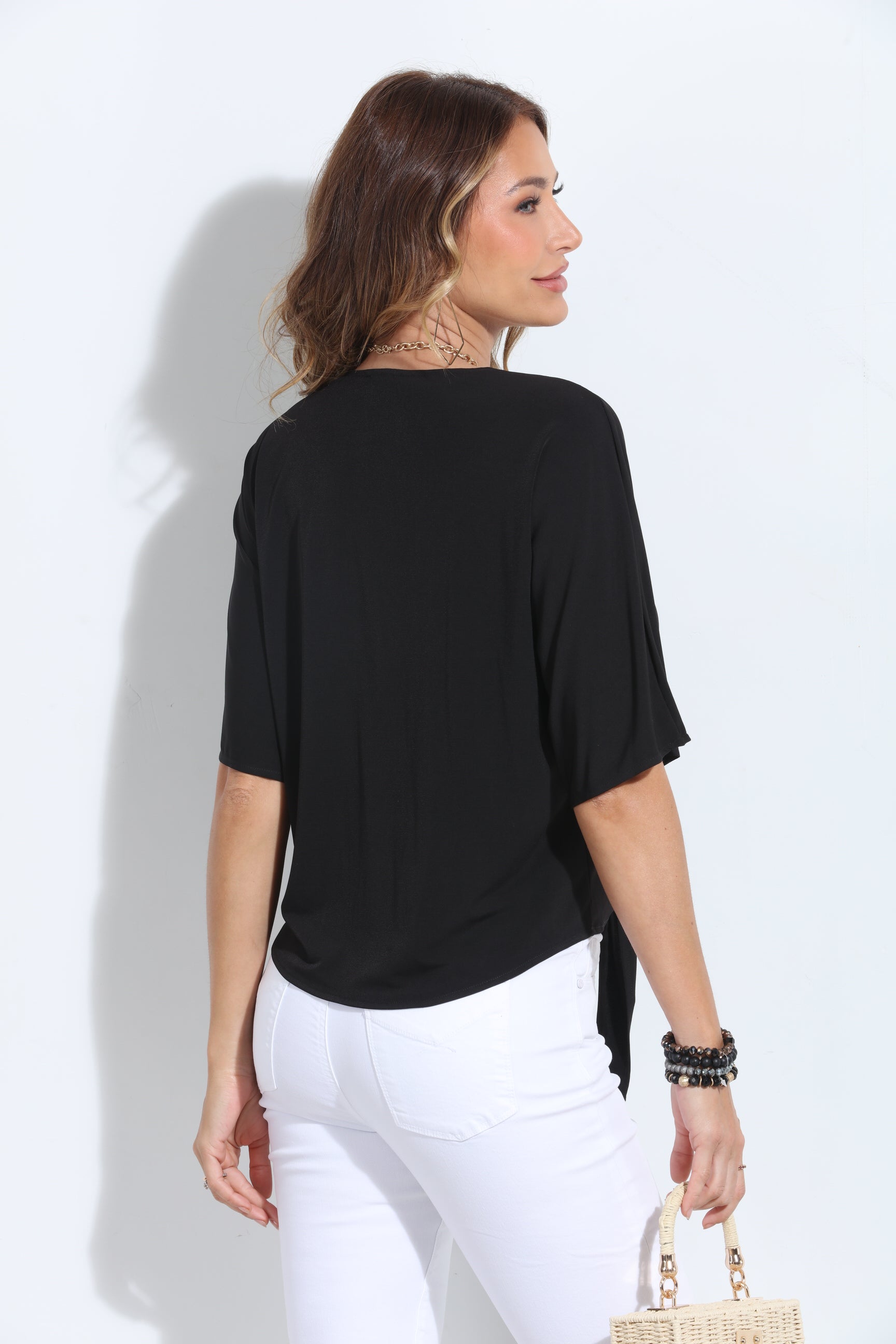 Black Stretch V-Neck Tie Top-BEST SELLER