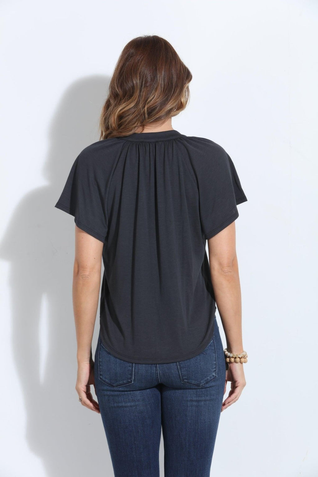 Charcoal Short Sleeve Cupro Split Neck Top-BEST SELLER