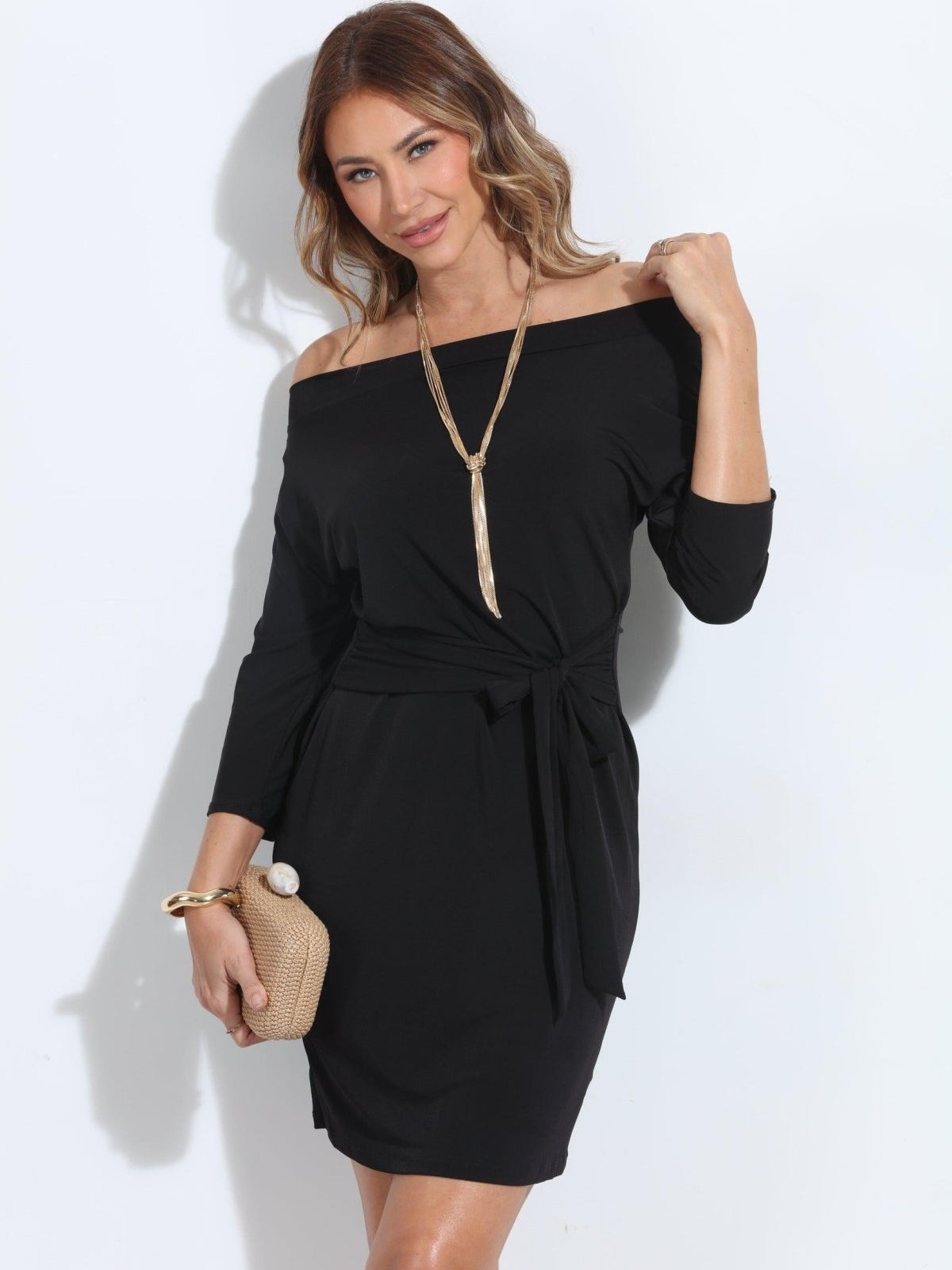 Black OTS Tie Waist Dress