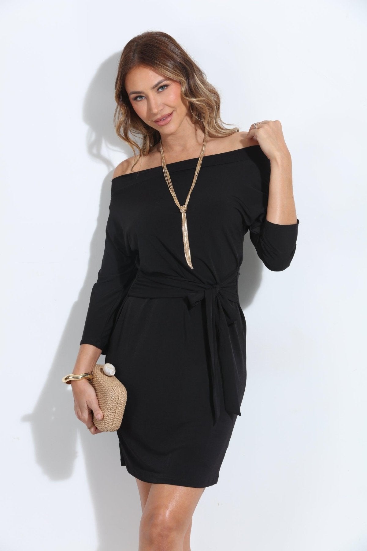 Black OTS Tie Waist Dress