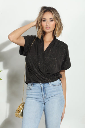 Black Gold Sparkle Surplice Top-FINAL SALE