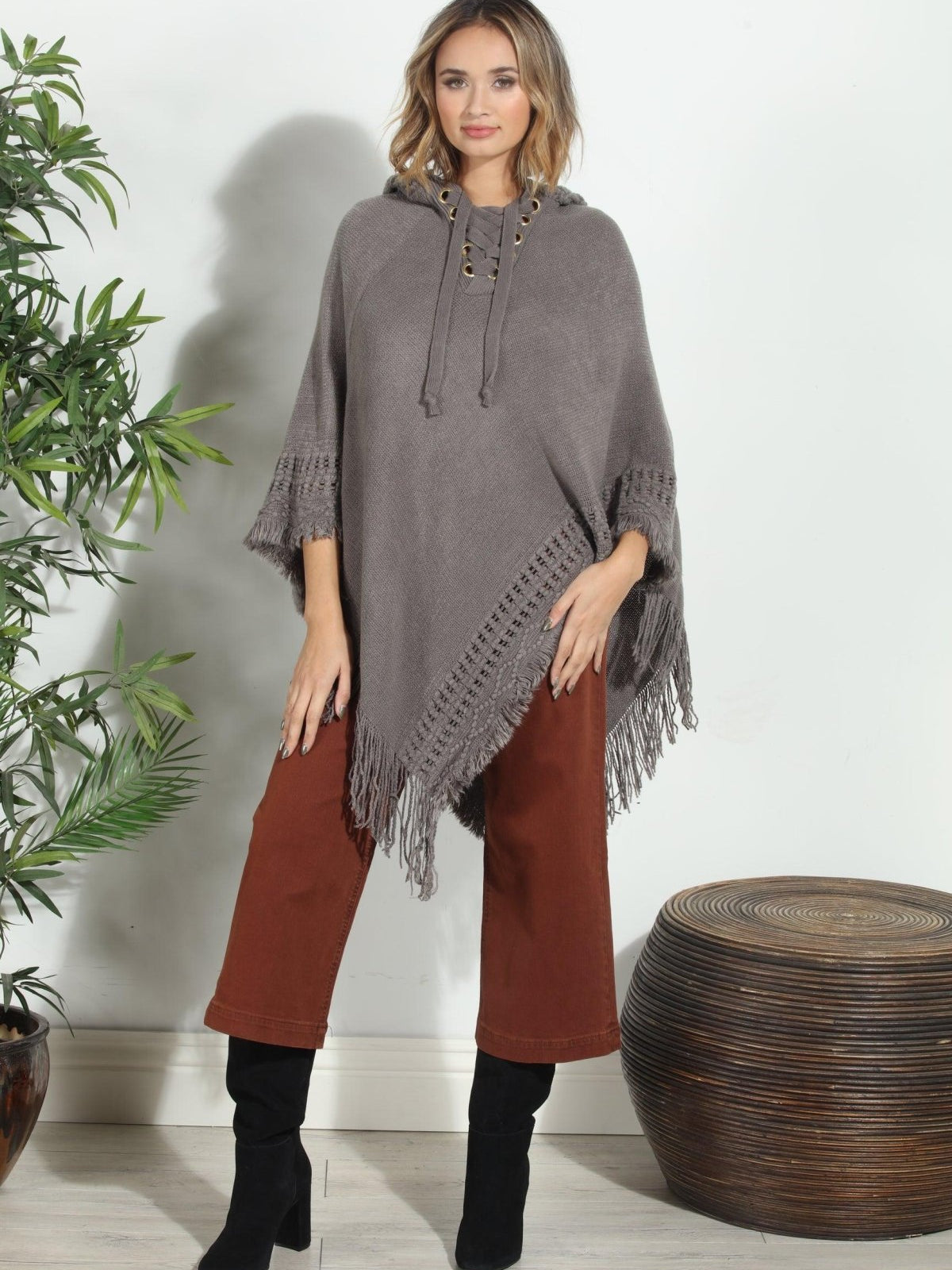 Grey Cozy Tassel Poncho