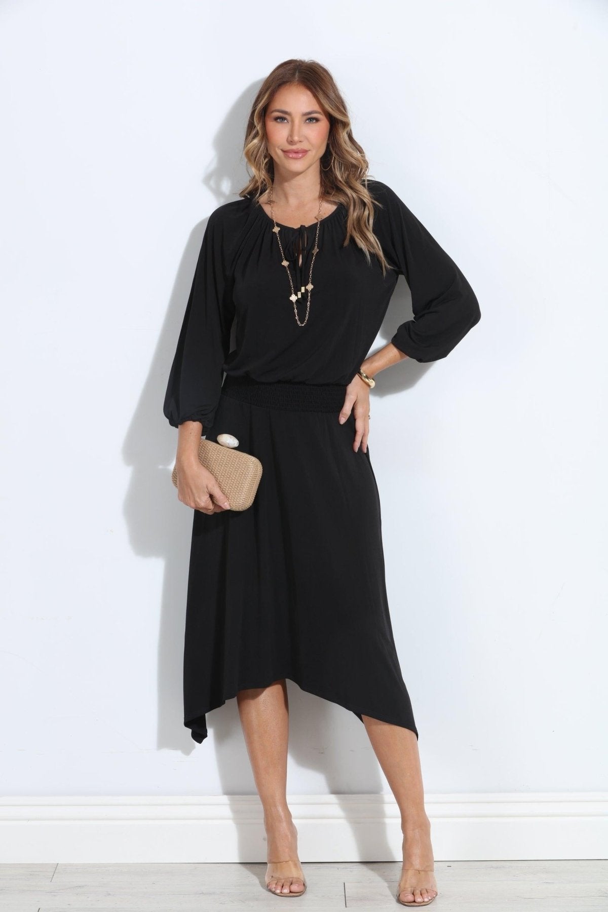 smocked black midi dress Lorelai Black Smocked Tiered Midi Dress