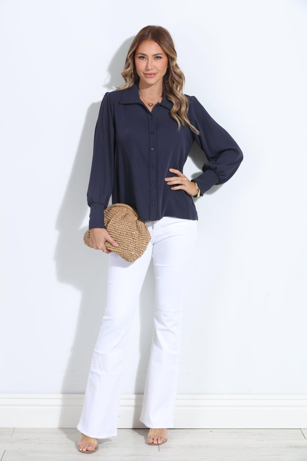 Navy Politan Button Blouse-BEST SELLER