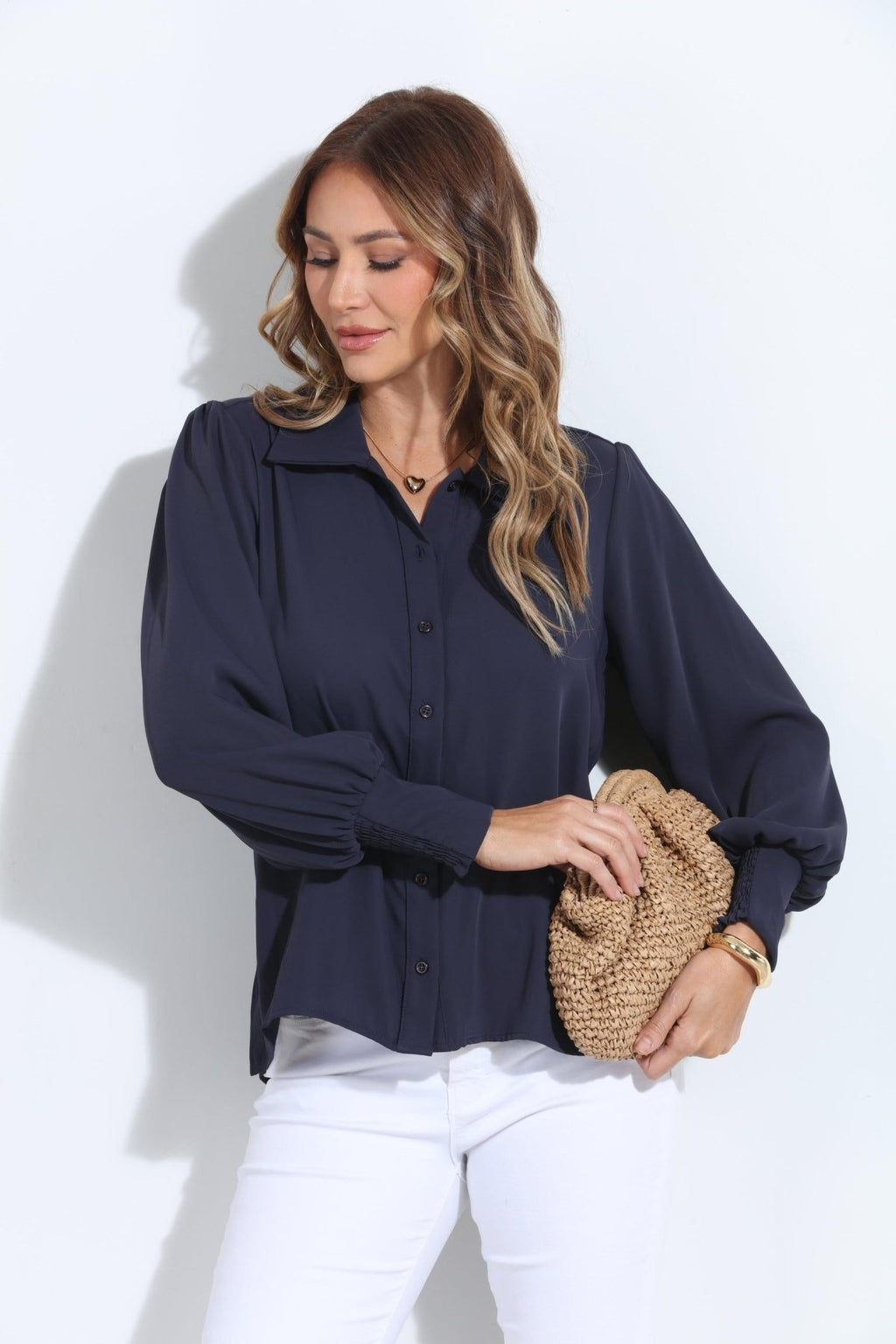 Navy Politan Button Blouse-BEST SELLER