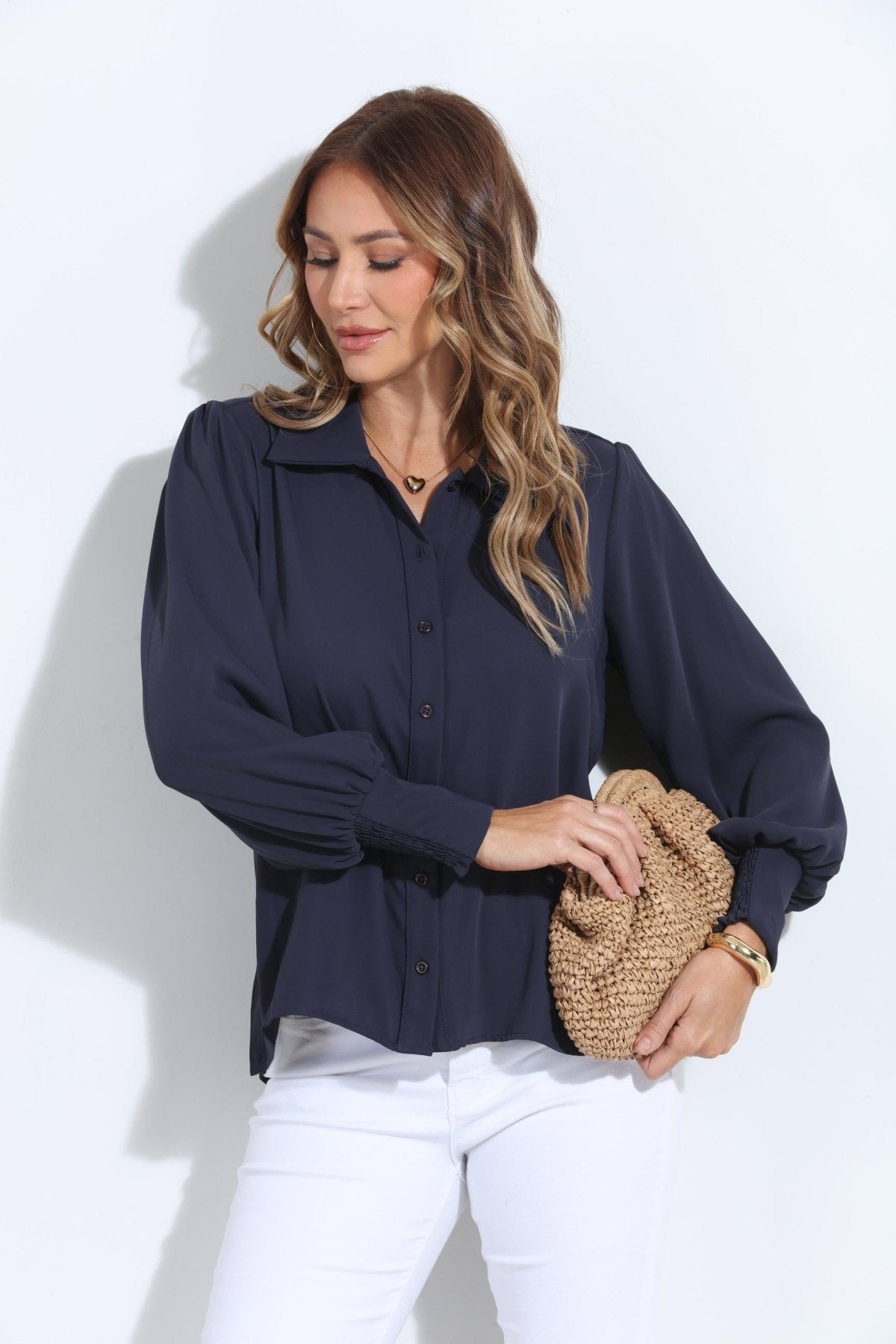 Navy Politan Button Blouse-BEST SELLER