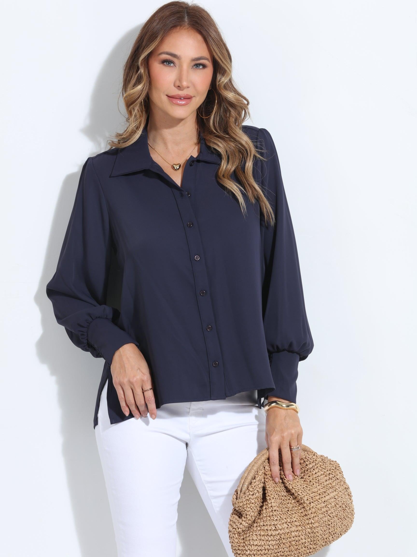 Navy Politan Button Blouse-BEST SELLER