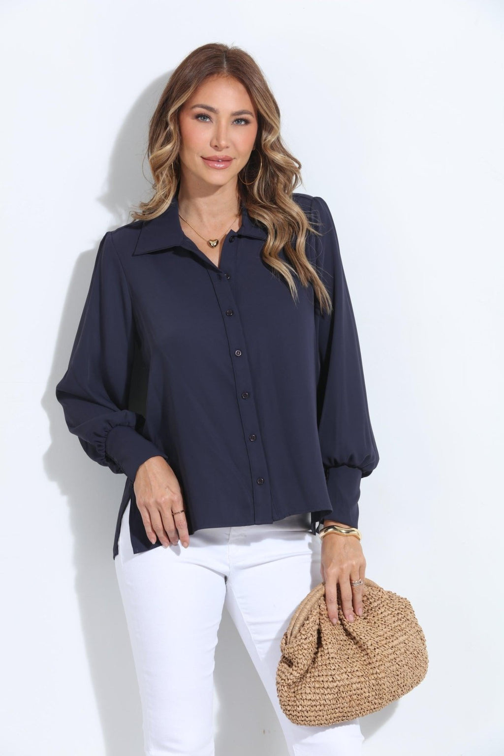 Navy Politan Button Blouse-BEST SELLER