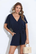 Navy Short Sleeve Open-Back Romper-BEST SELLER