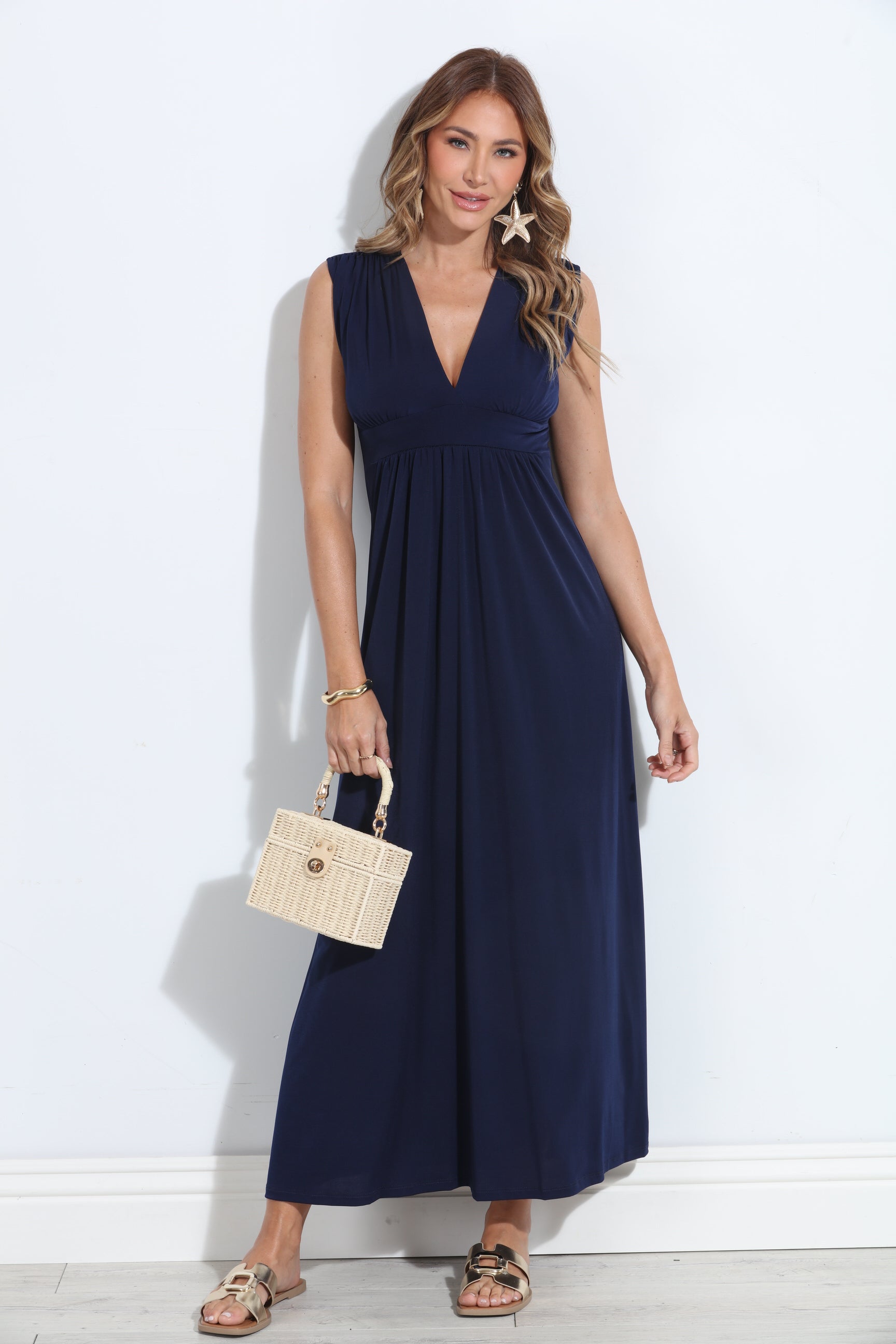 Navy Stretch V-Neck Maxi Dress - BEST SELLER