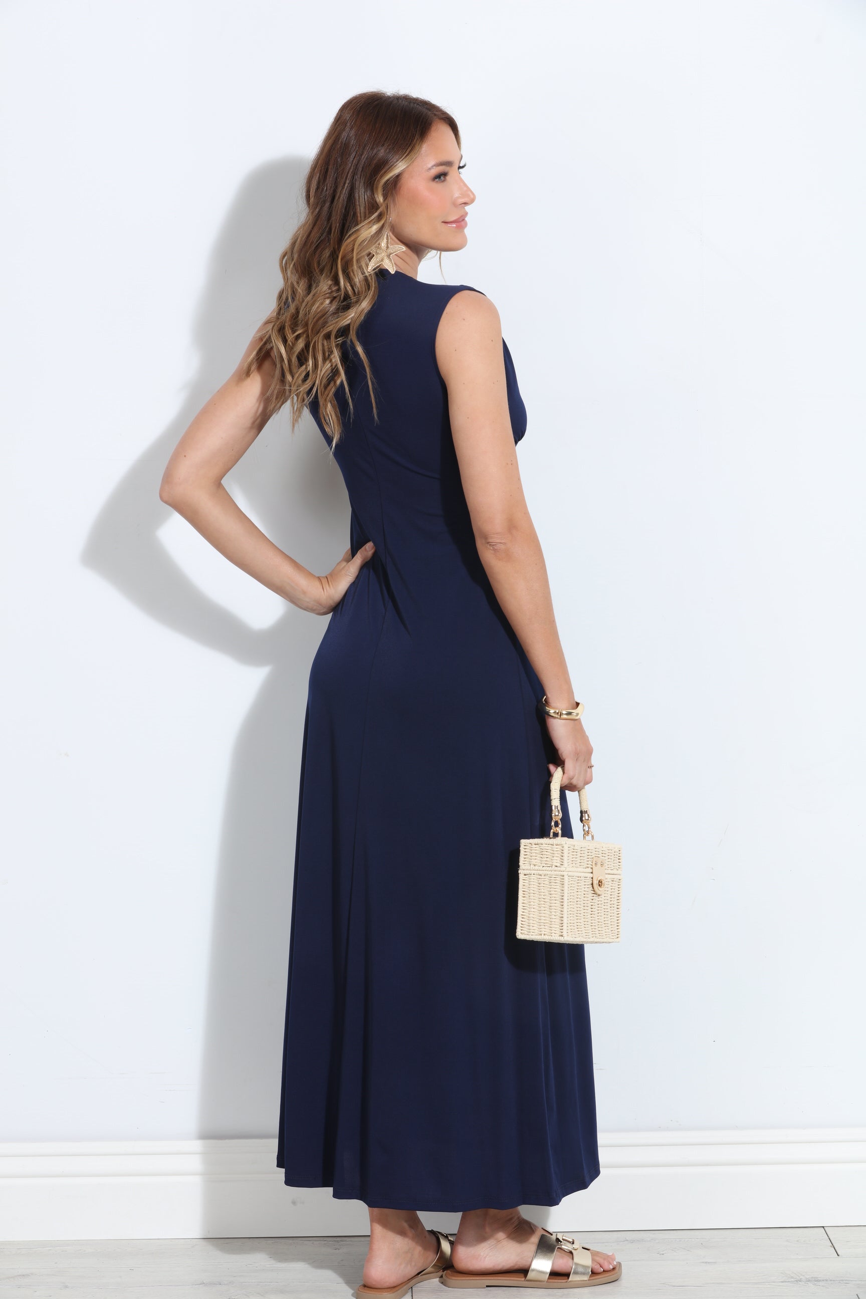 Navy Stretch V-Neck Maxi Dress - BEST SELLER