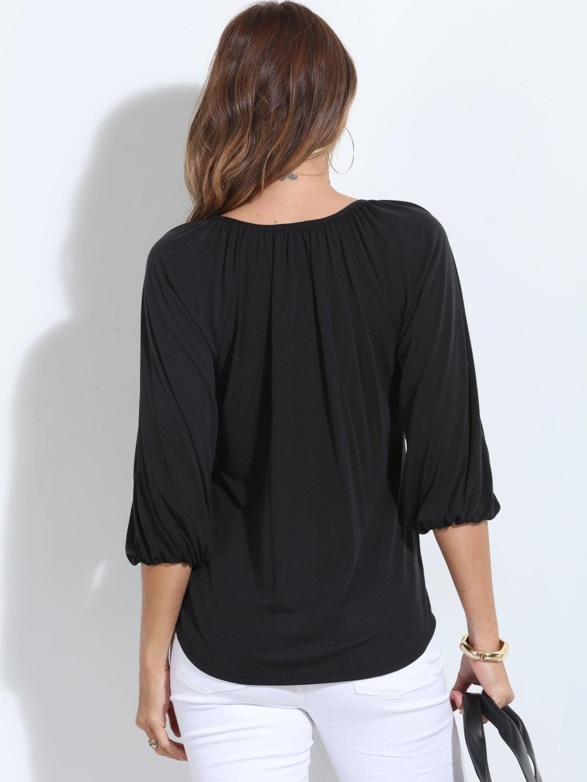 Black Cupro Stretch Split Neck Top-BEST SELLER