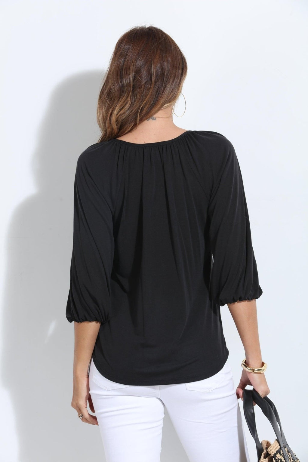 Black Cupro Stretch Split Neck Top-BEST SELLER
