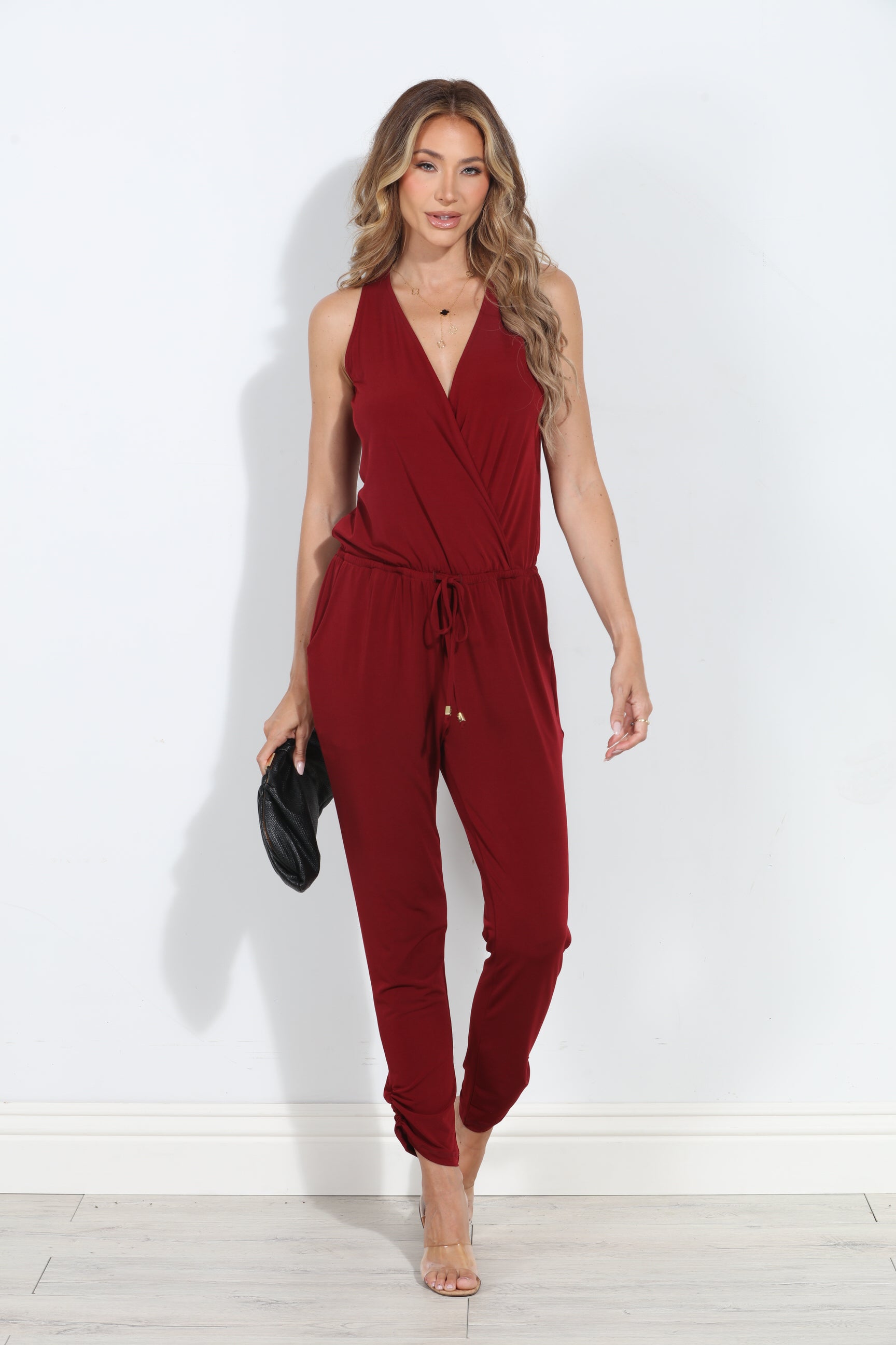 Burgundy Shirred Ankle Stretch Jumpsuit-BEST SELLER