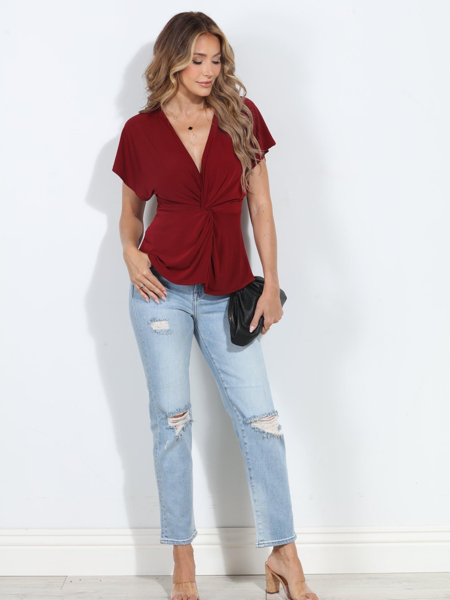 Burgundy Stretch ITY Twist Top-BEST SELLER