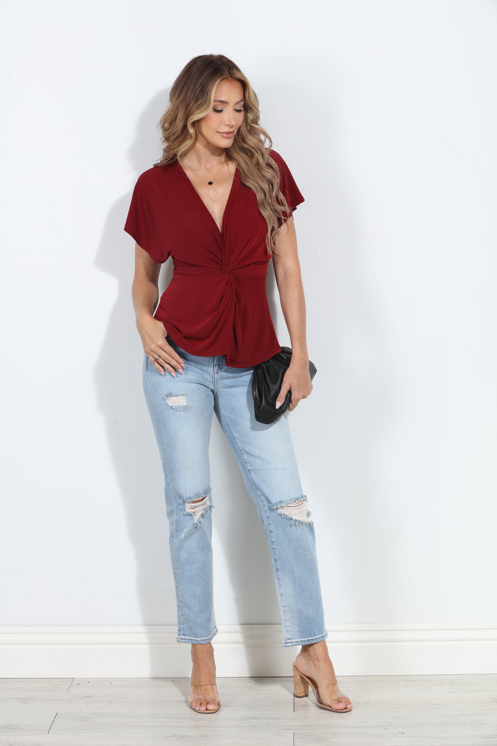 Burgundy Stretch ITY Twist Top-BEST SELLER