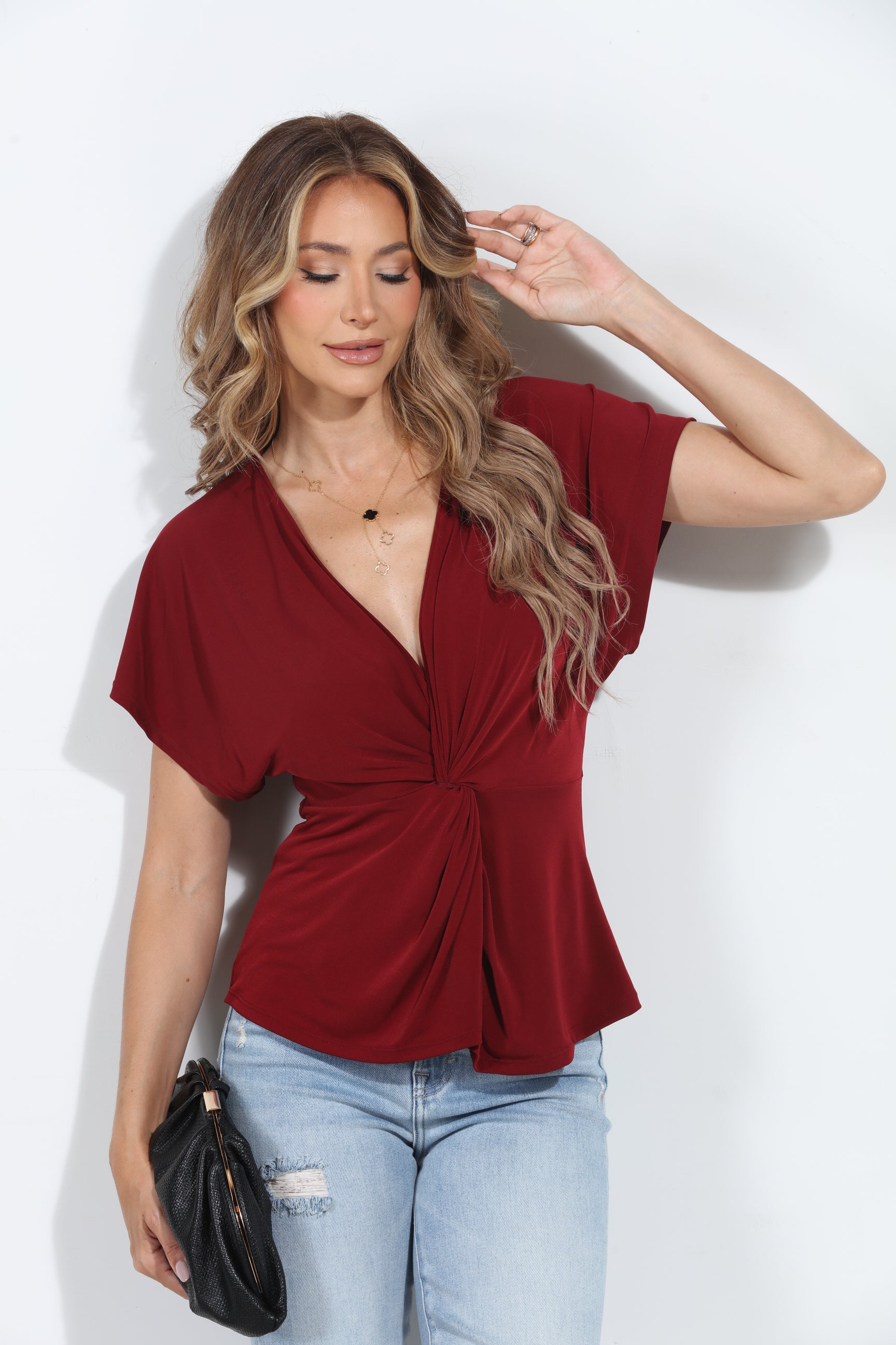 Burgundy Stretch ITY Twist Top-BEST SELLER