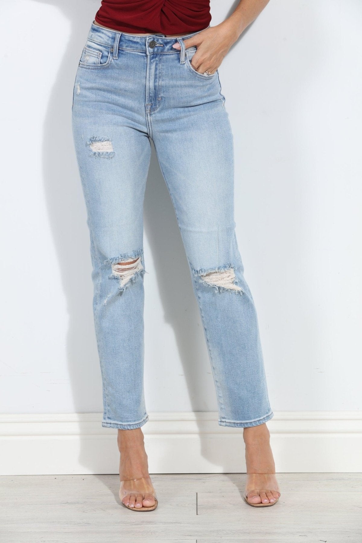 Tracey Distressed Stretch Straight Jean- Light Wash-BEST SELLERS