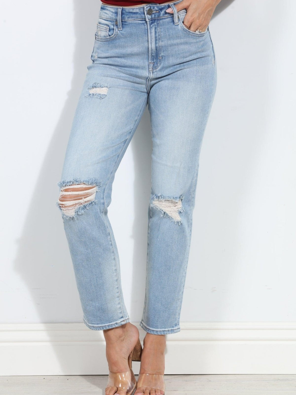 Tracey Distressed Stretch Straight Jean- Light Wash-BEST SELLERS