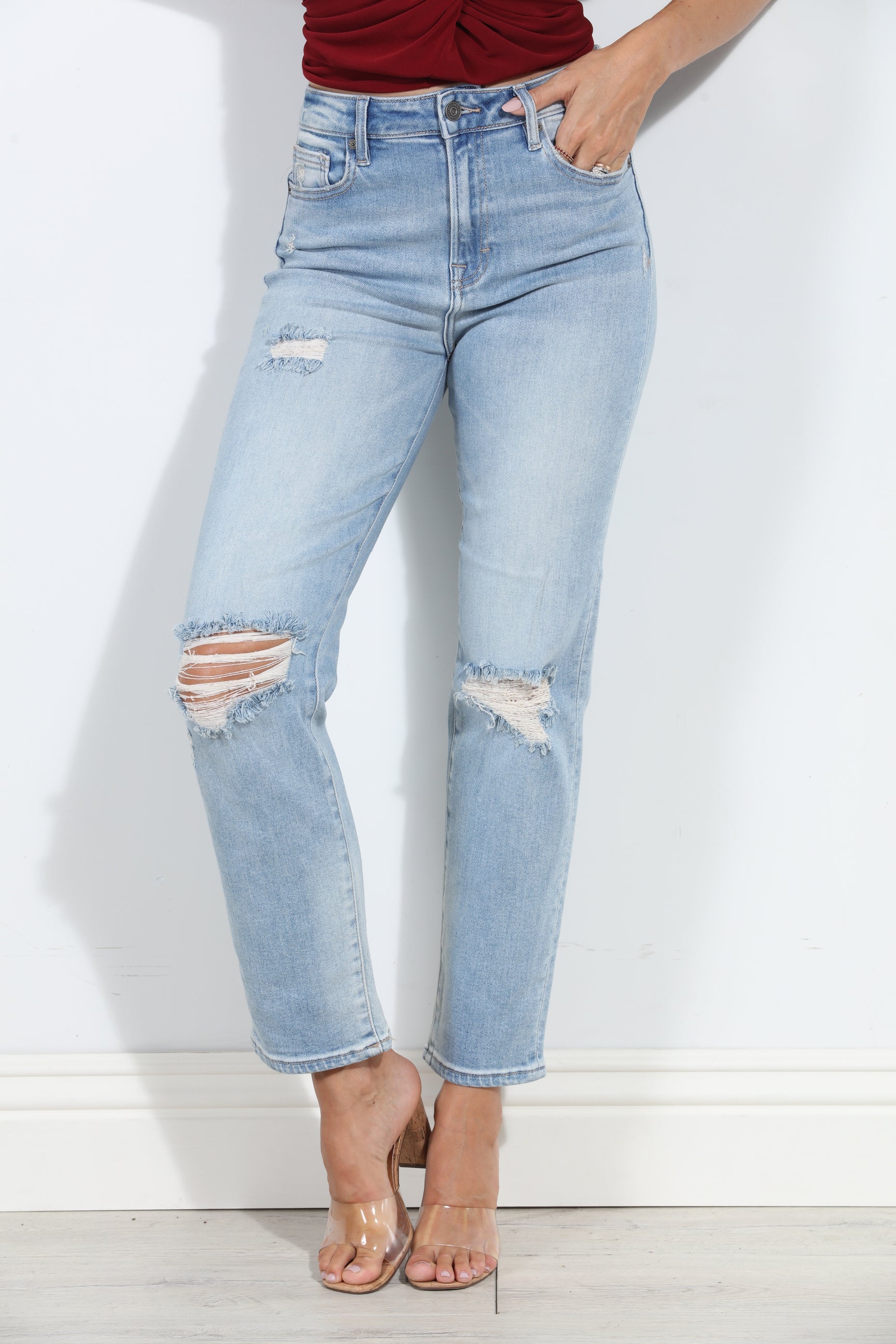 Tracey Distressed Stretch Straight Jean- Light Wash