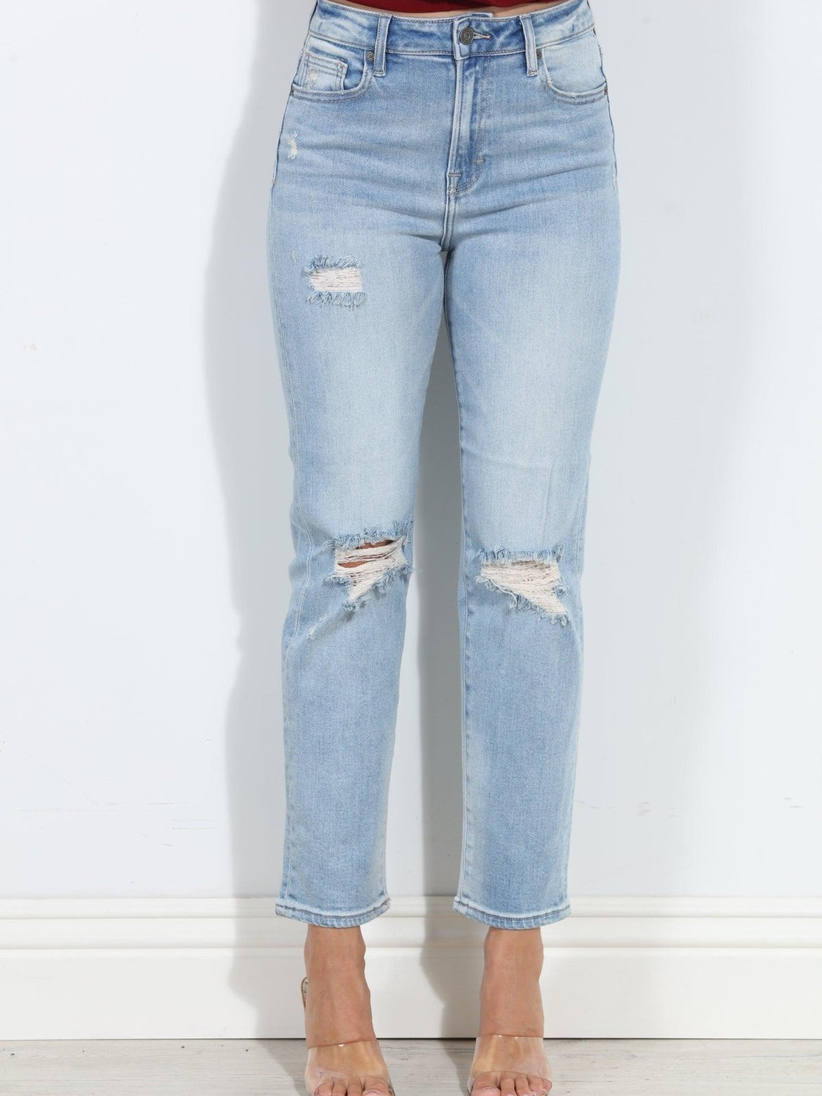 Tracey Distressed Stretch Straight Jean- Light Wash-BEST SELLERS