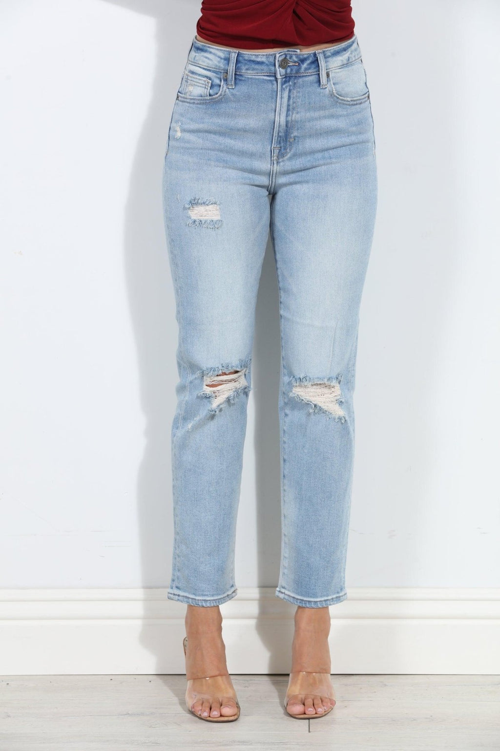 Tracey Distressed Stretch Straight Jean- Light Wash-BEST SELLERS