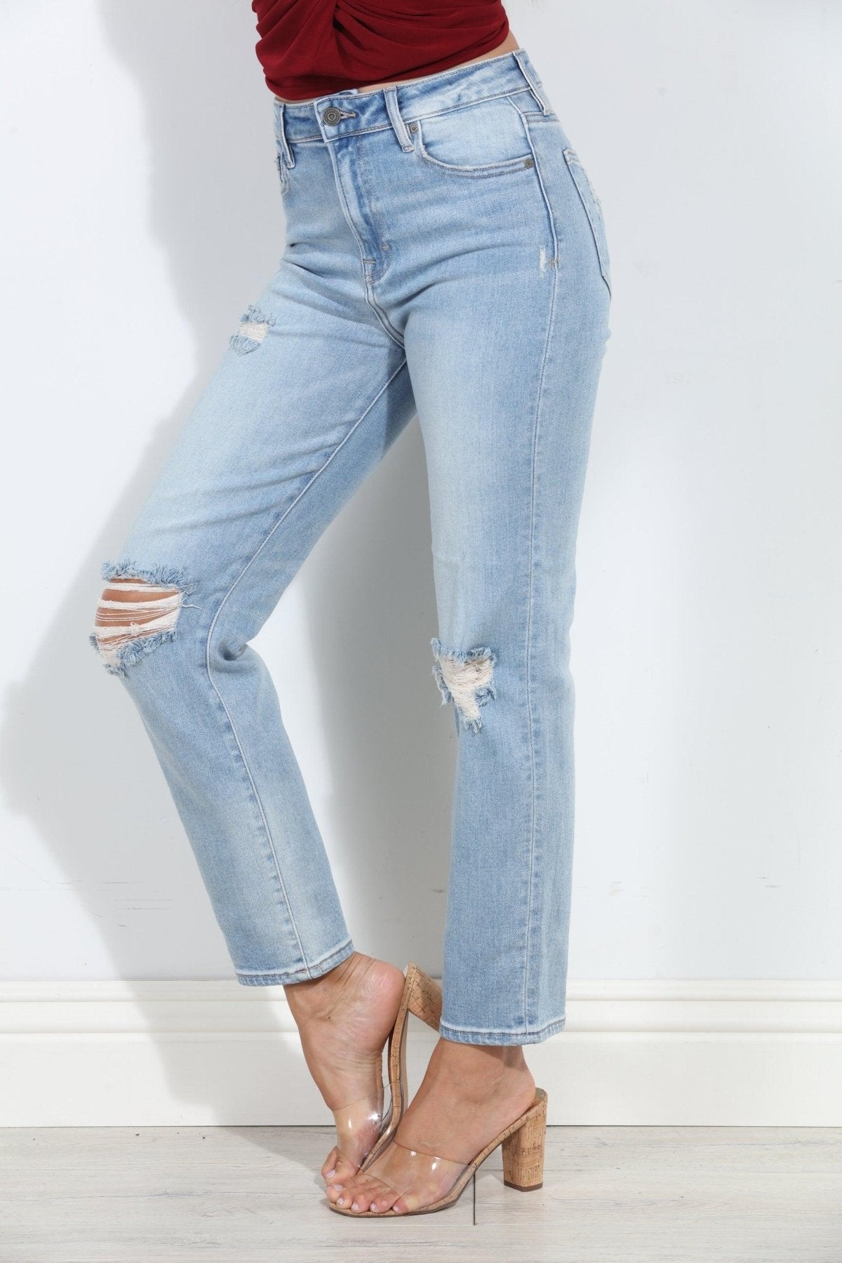 Tracey Distressed Stretch Straight Jean- Light Wash-BEST SELLERS
