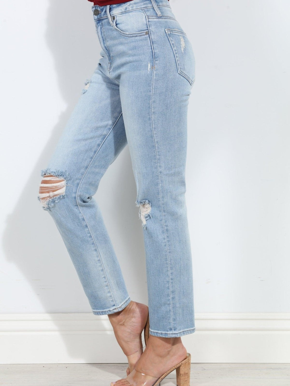 Tracey Distressed Stretch Straight Jean- Light Wash-BEST SELLERS