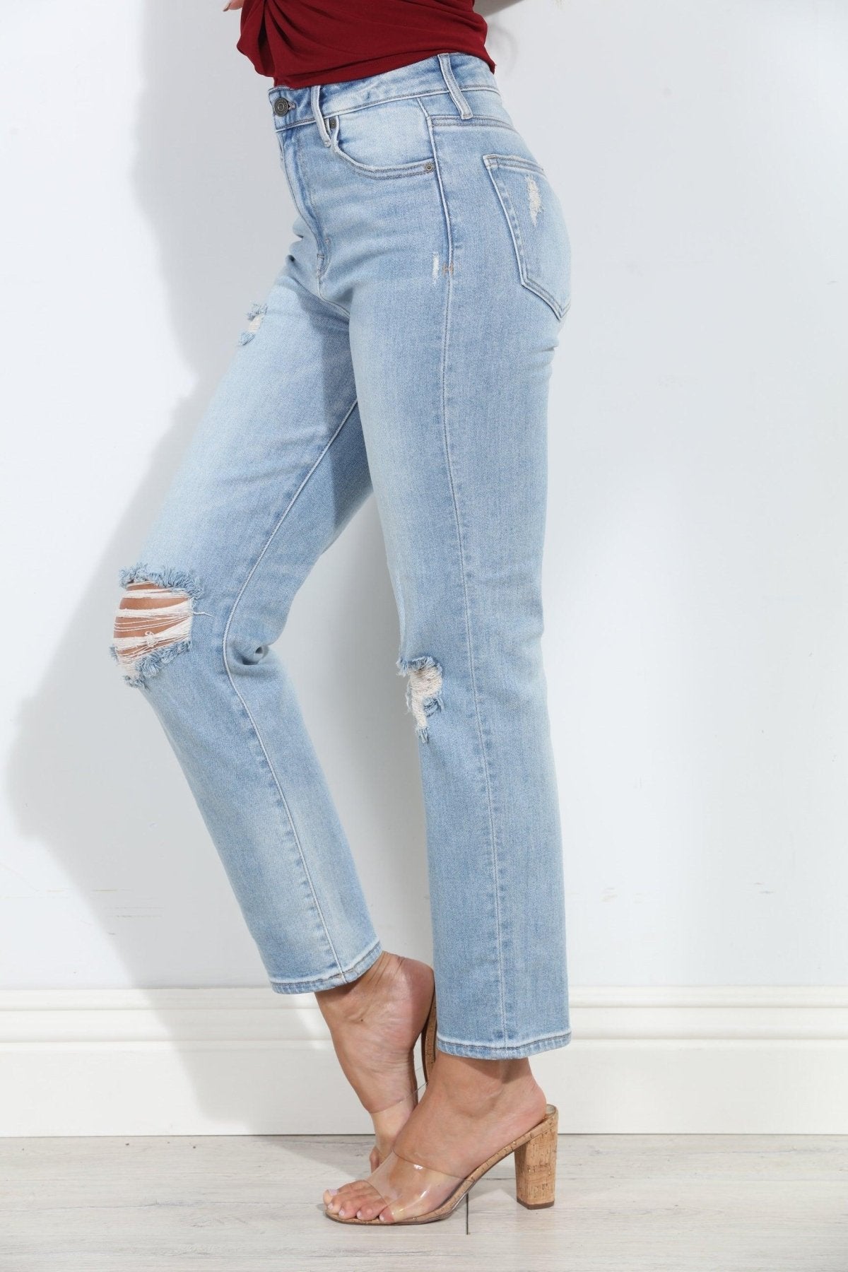 Tracey Distressed Stretch Straight Jean- Light Wash-BEST SELLERS