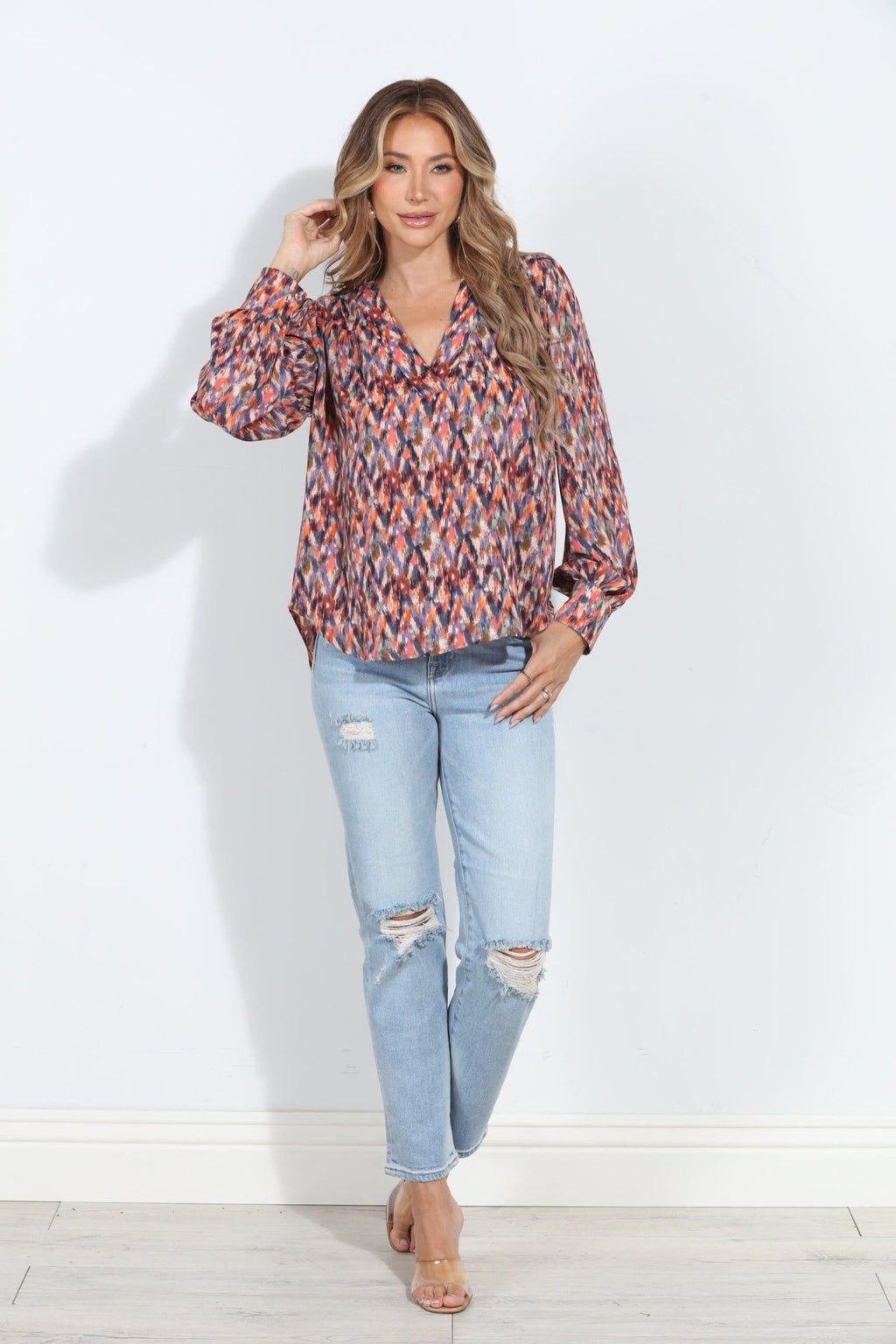 Kayce V Neck Puffed Sleeve Blouse-FINAL SALE