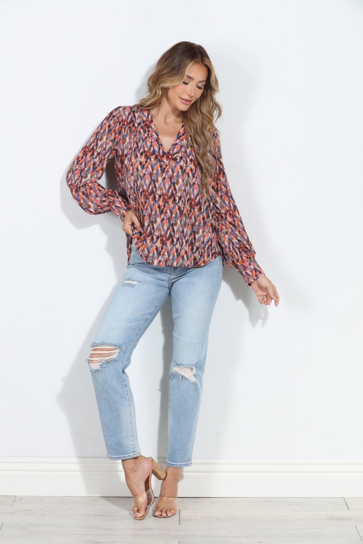 Kayce V Neck Puffed Sleeve Blouse-FINAL SALE