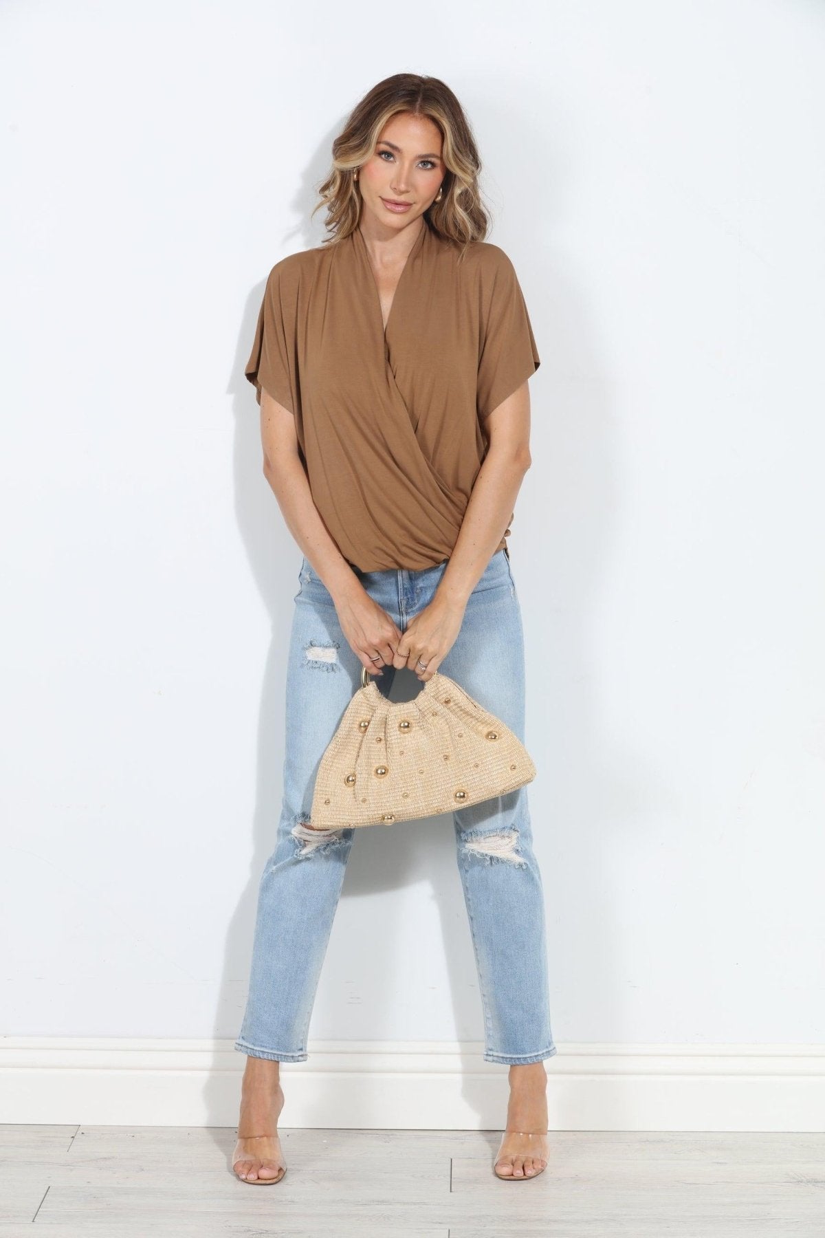 Camel Cupro Surplice Tee-BEST SELLER