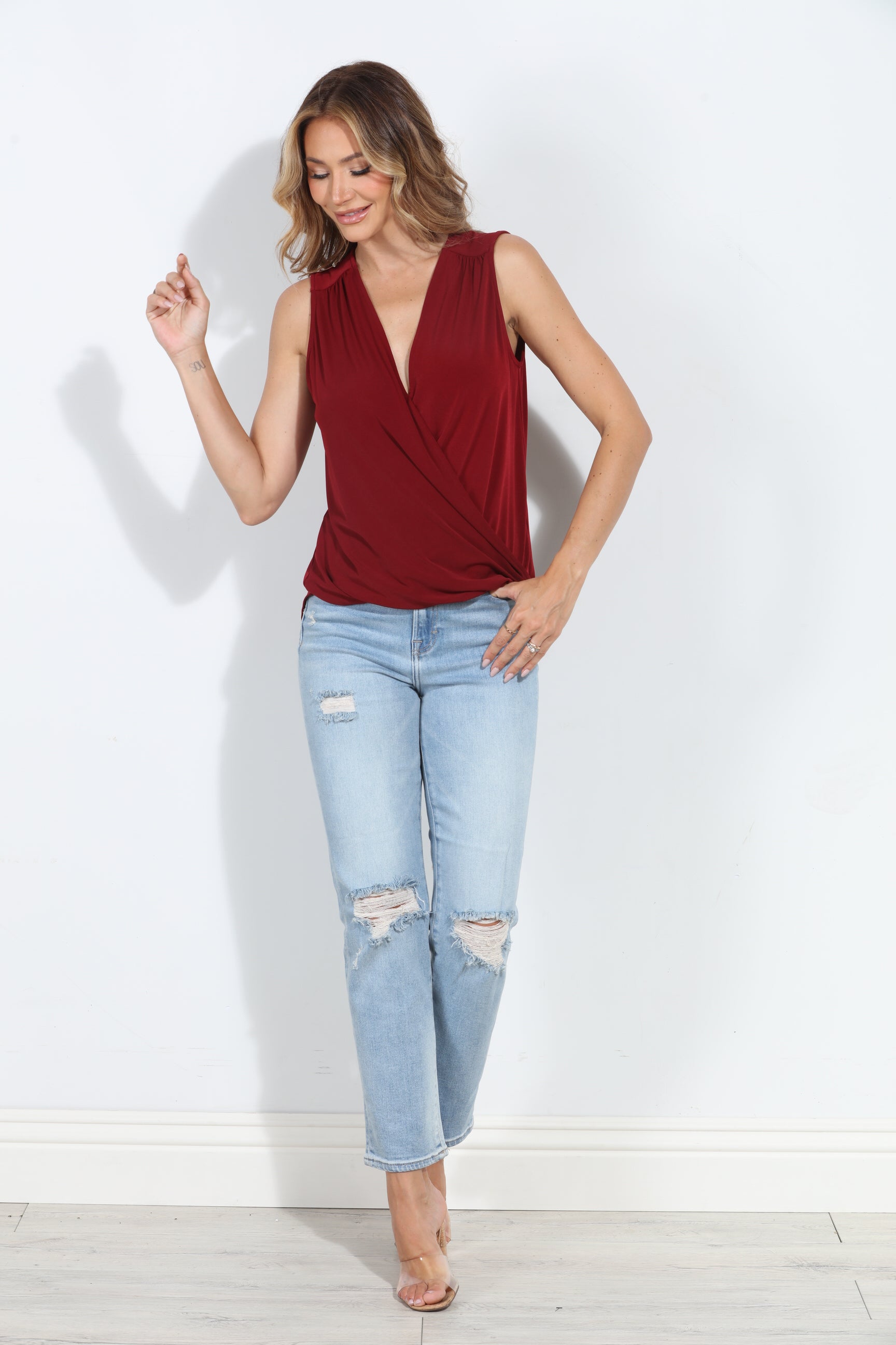 Burgundy Sleeveless Stretch Surplice Top - BEST SELLER