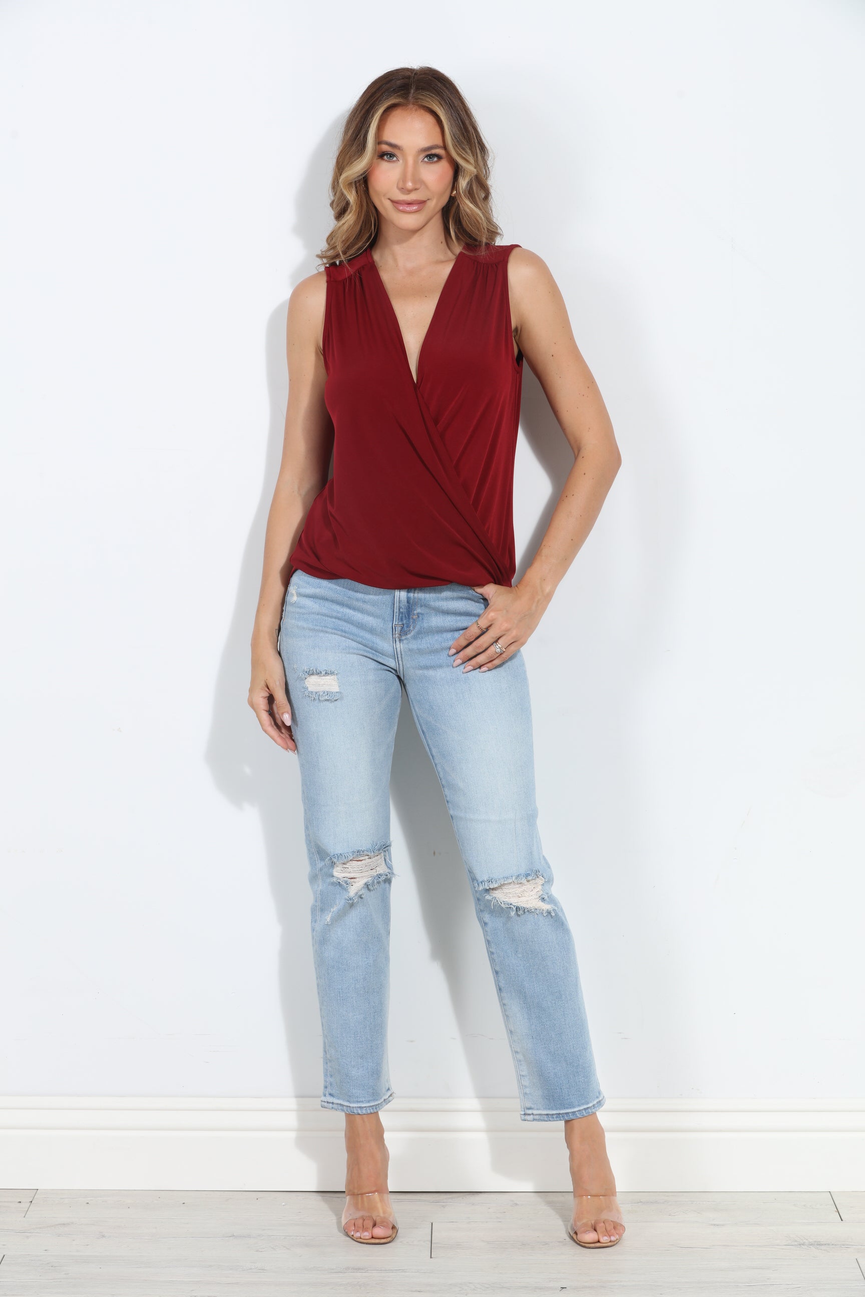 Burgundy Sleeveless Stretch Surplice Top - BEST SELLER