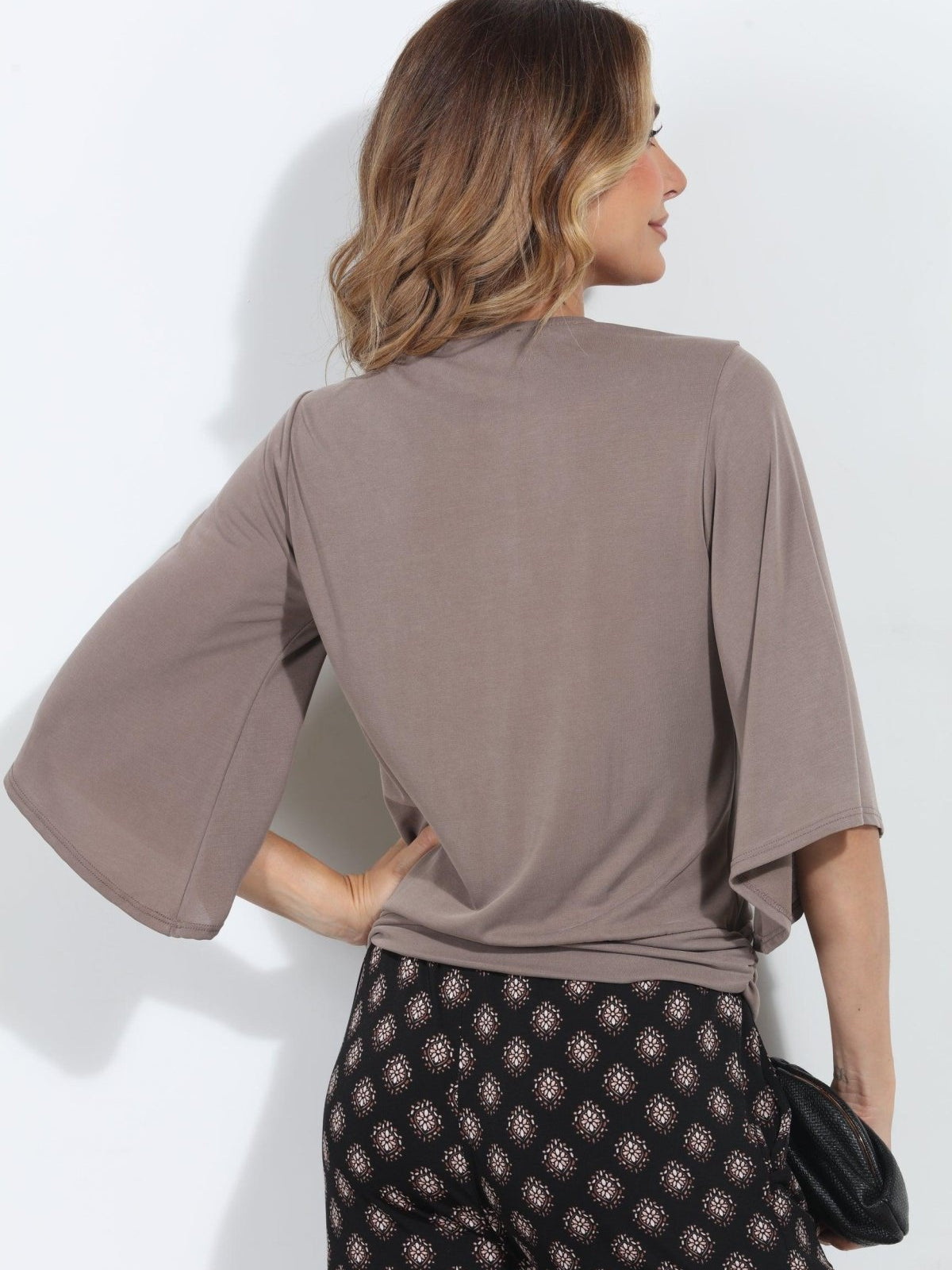 Dark Taupe Cupro Stretch Banded Kimono Top