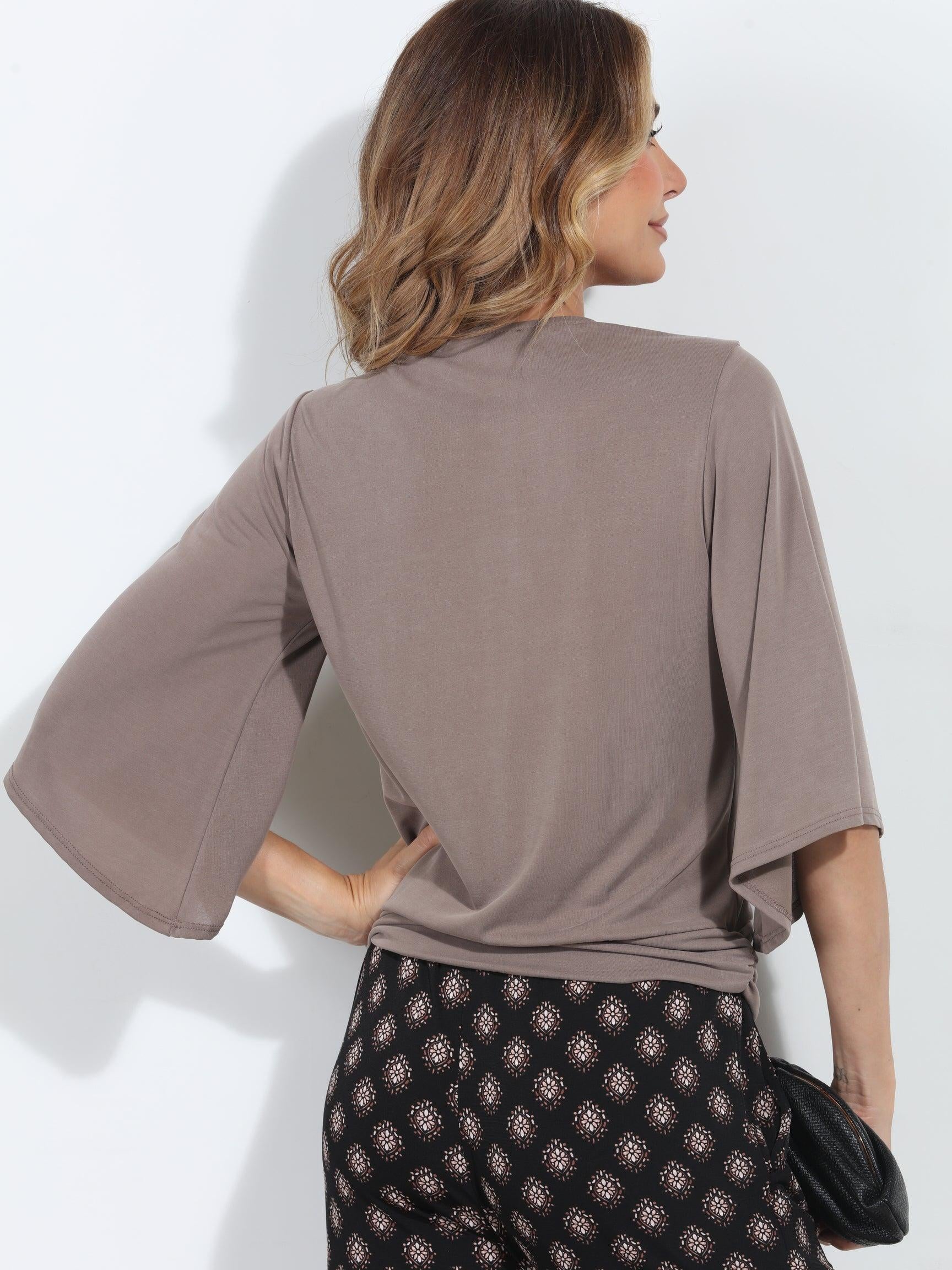 Dark Taupe Cupro Stretch Banded Kimono Top